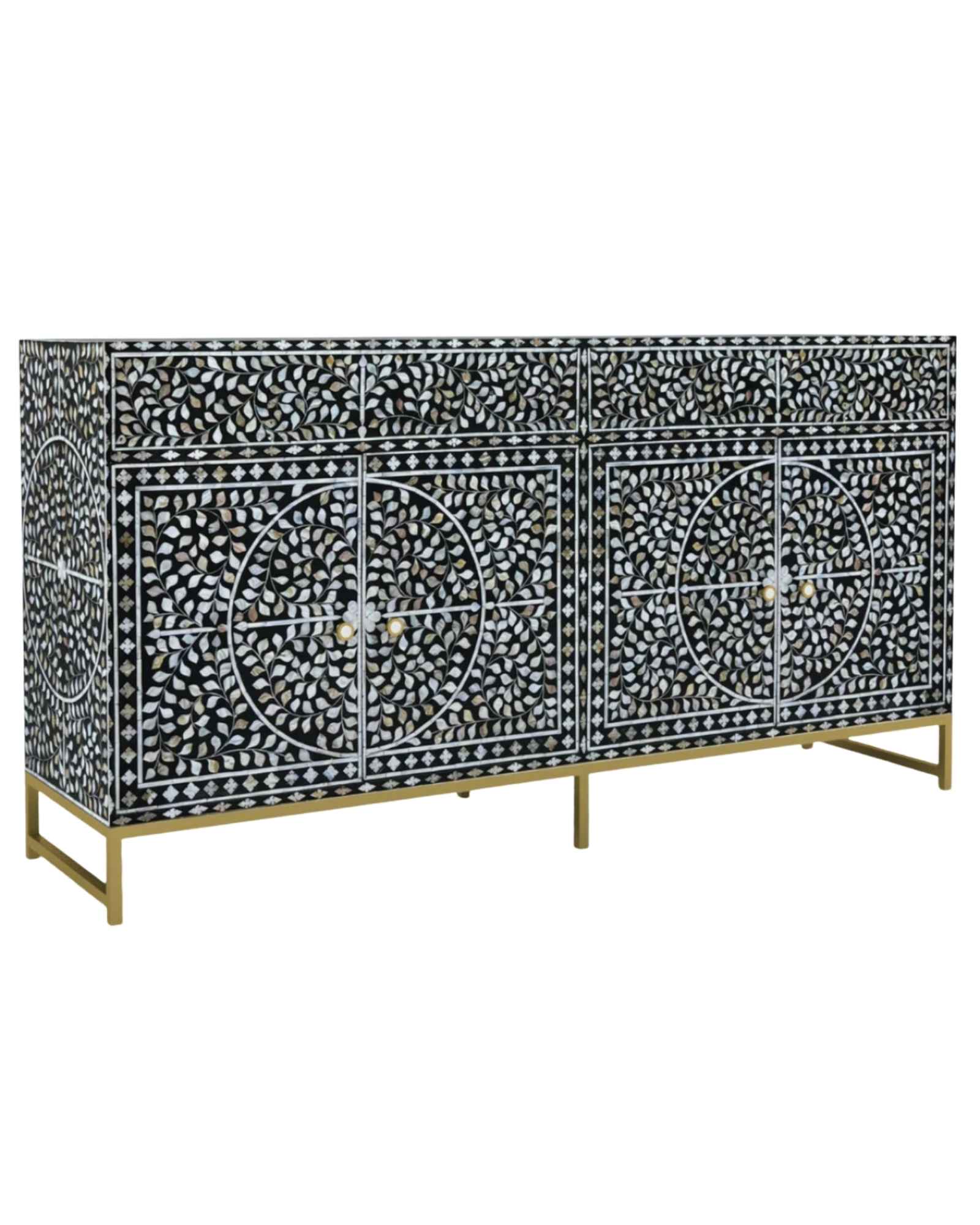 Handcrafted Black & White Sideboard Cabinet with intricate Mother of Pearl inlay, featuring a floral pattern and sleek Metal legs. A luxurious storage solution for any space.