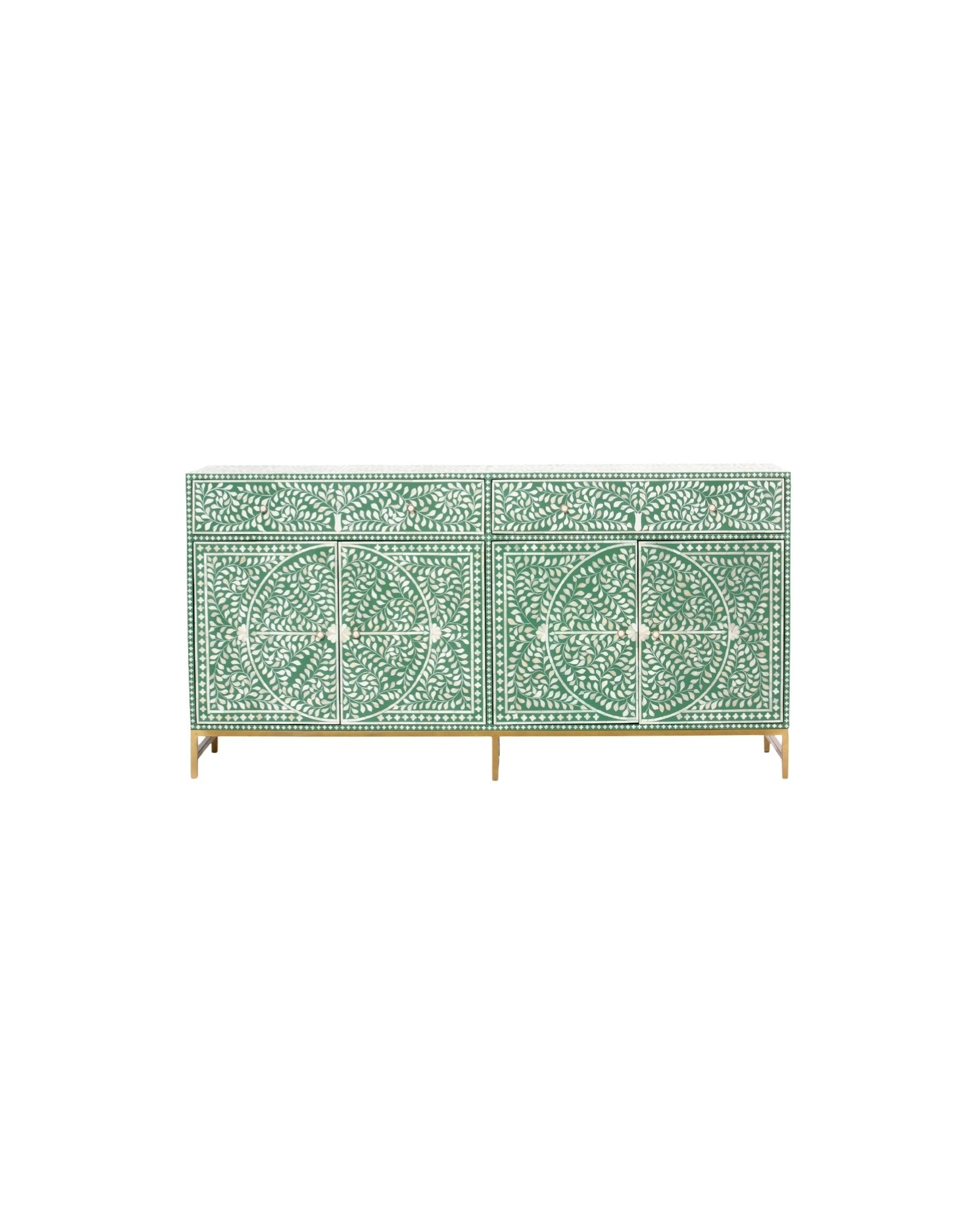 Featuring a beautiful floral sideboard in Green Bone Inlay with intricate hand inlaid work. Part of the Jade Collection - this buffet can be used as at an entryway or as a cutlery storage unit.