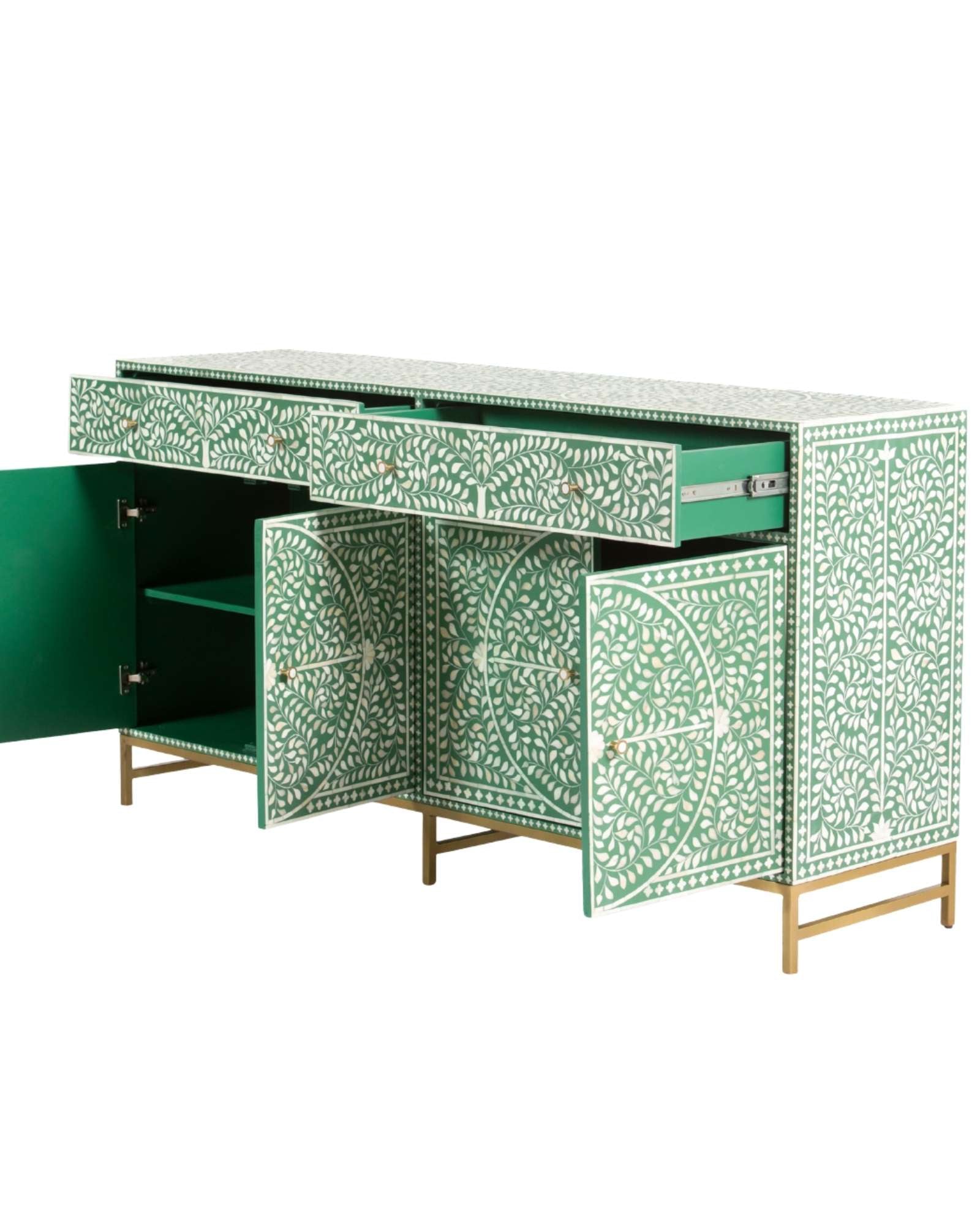 Featuring a beautiful floral sideboard in Green Bone Inlay with intricate hand inlaid work. Part of the Jade Collection - this buffet can be used as at an entryway or as a cutlery storage unit.
