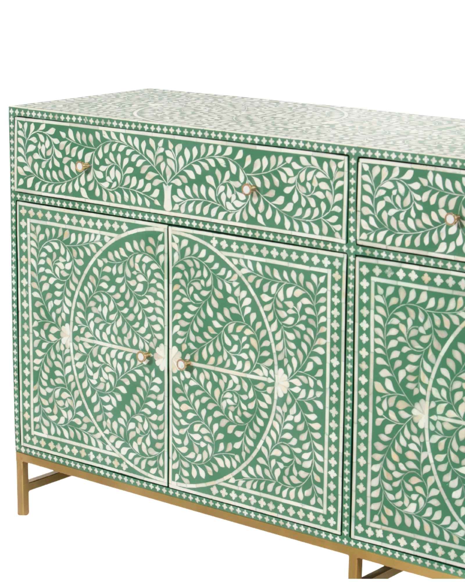 Featuring a beautiful floral sideboard in Green Bone Inlay with intricate hand inlaid work. Part of the Jade Collection - this buffet can be used as at an entryway or as a cutlery storage unit.
