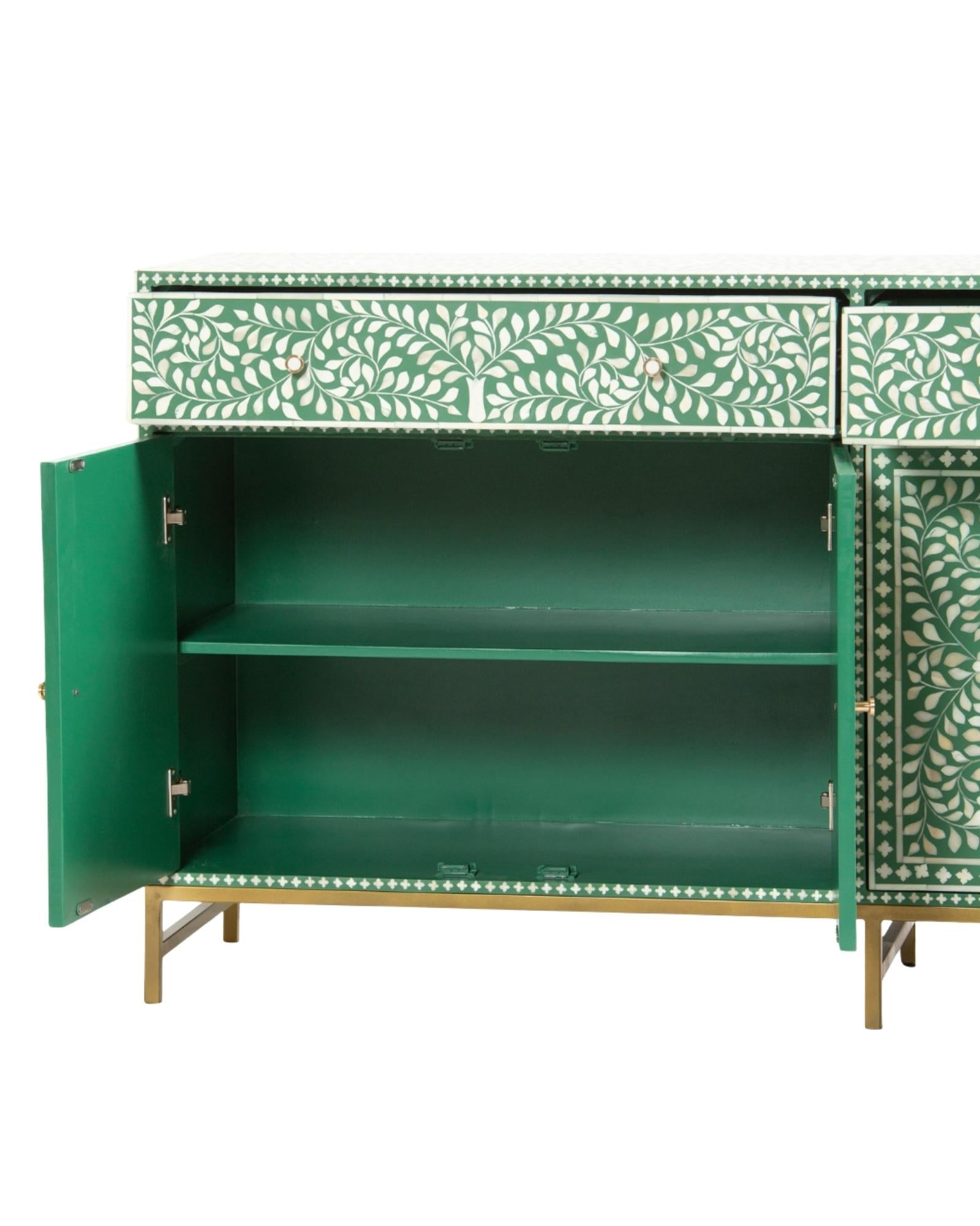 Featuring a beautiful floral sideboard in Green Bone Inlay with intricate hand inlaid work. Part of the Jade Collection - this buffet can be used as at an entryway or as a cutlery storage unit.