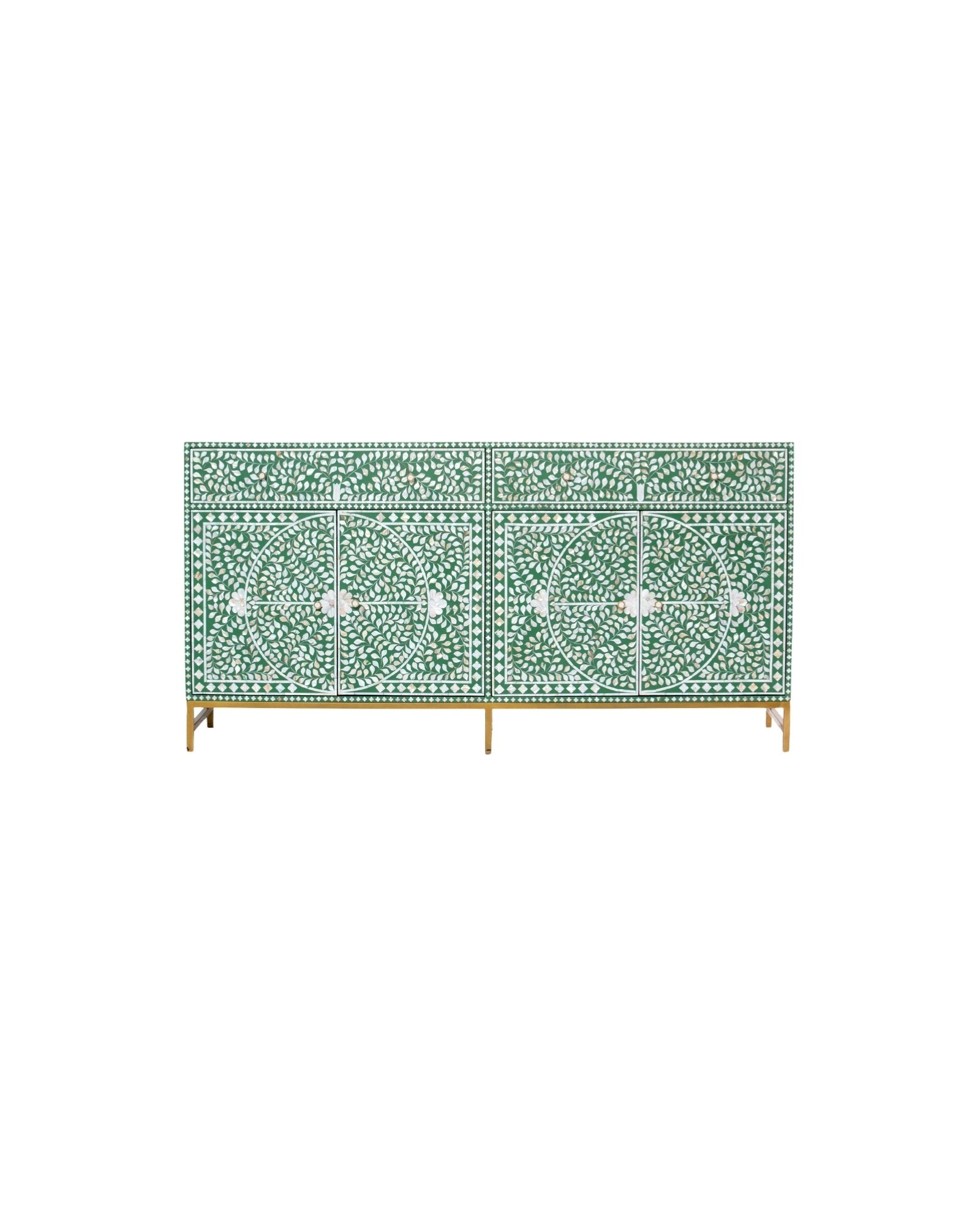 Featuring a beautiful floral sideboard in Green Mother of Pearl Inlay with intricate hand inlaid work. Part of the Iris Collection - this buffet can be used as at an entryway or as a cutlery storage unit.