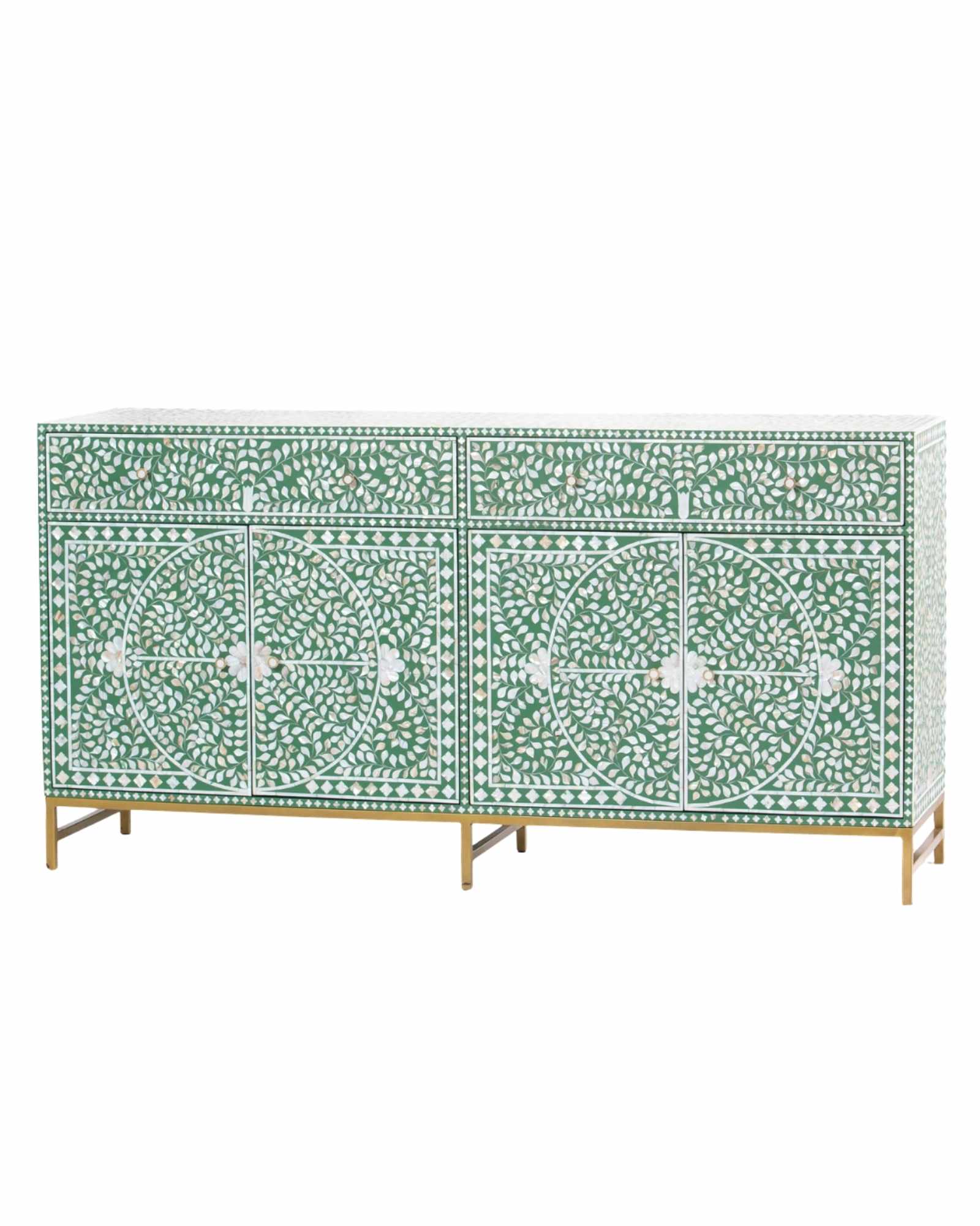 Featuring a beautiful floral sideboard in Green Mother of Pearl Inlay with intricate hand inlaid work. Part of the Iris Collection - this buffet can be used as at an entryway or as a cutlery storage unit.