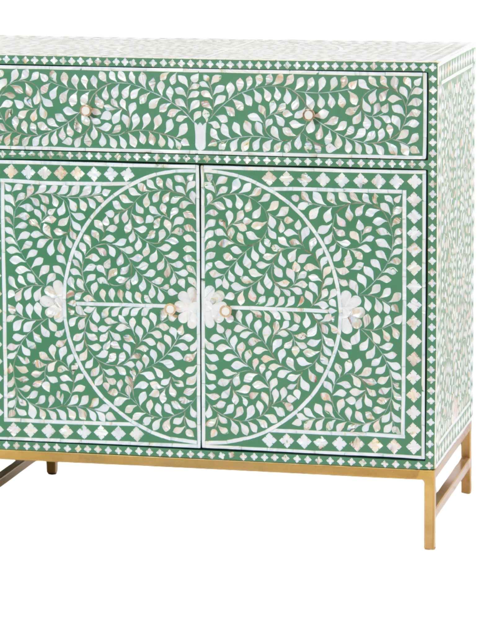 Featuring a beautiful floral sideboard in Green Mother of Pearl Inlay with intricate hand inlaid work. Part of the Iris Collection - this buffet can be used as at an entryway or as a cutlery storage unit.