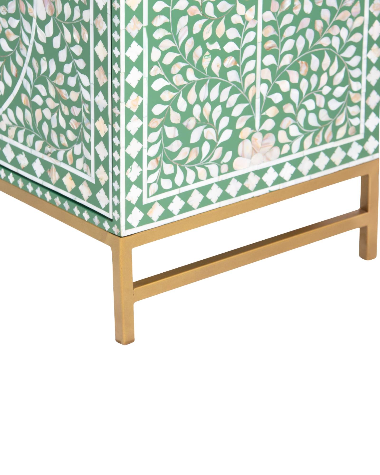 Featuring a beautiful floral sideboard in Green Mother of Pearl Inlay with intricate hand inlaid work. Part of the Iris Collection - this buffet can be used as at an entryway or as a cutlery storage unit.