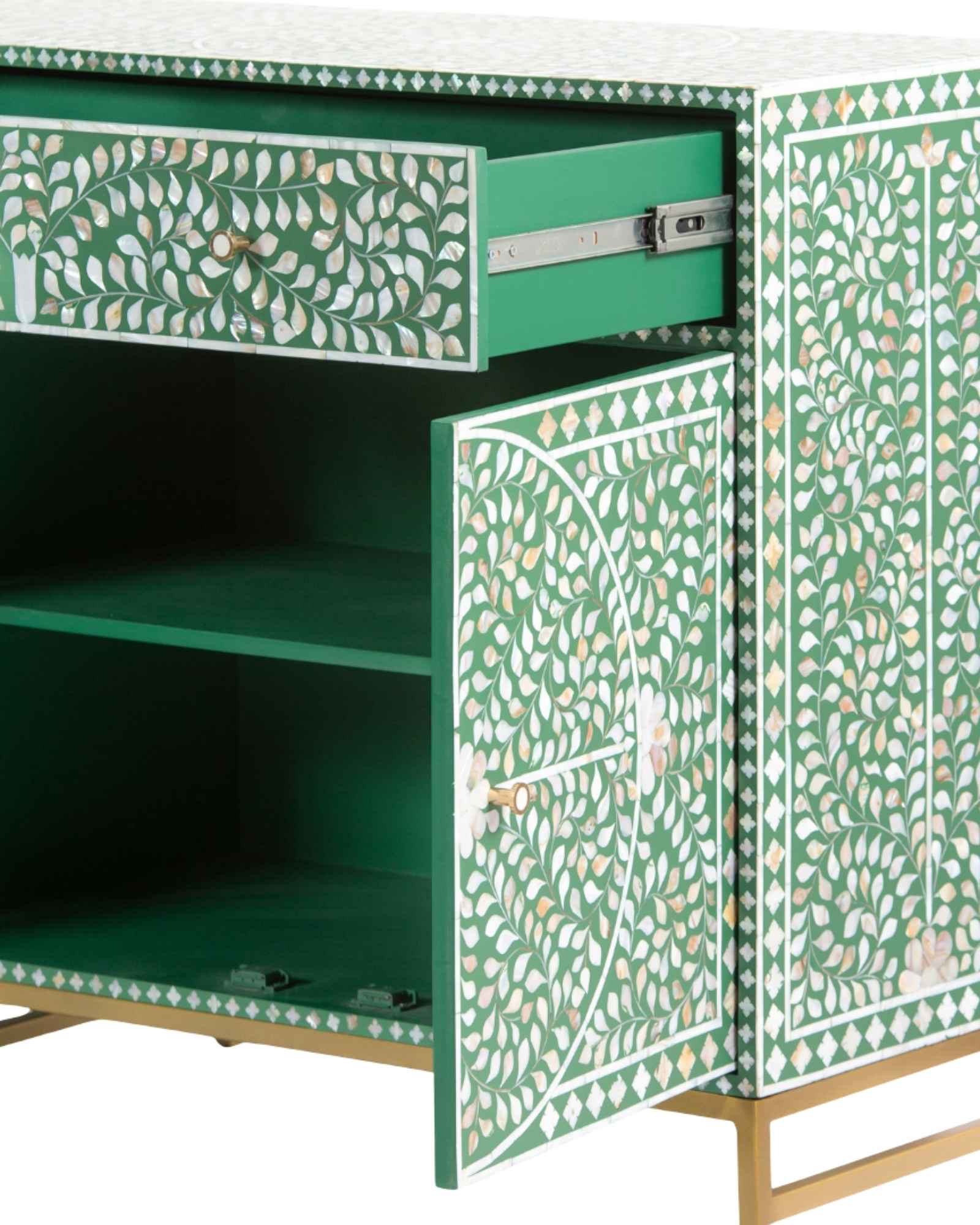 Featuring a beautiful floral sideboard in Green Mother of Pearl Inlay with intricate hand inlaid work. Part of the Iris Collection - this buffet can be used as at an entryway or as a cutlery storage unit.