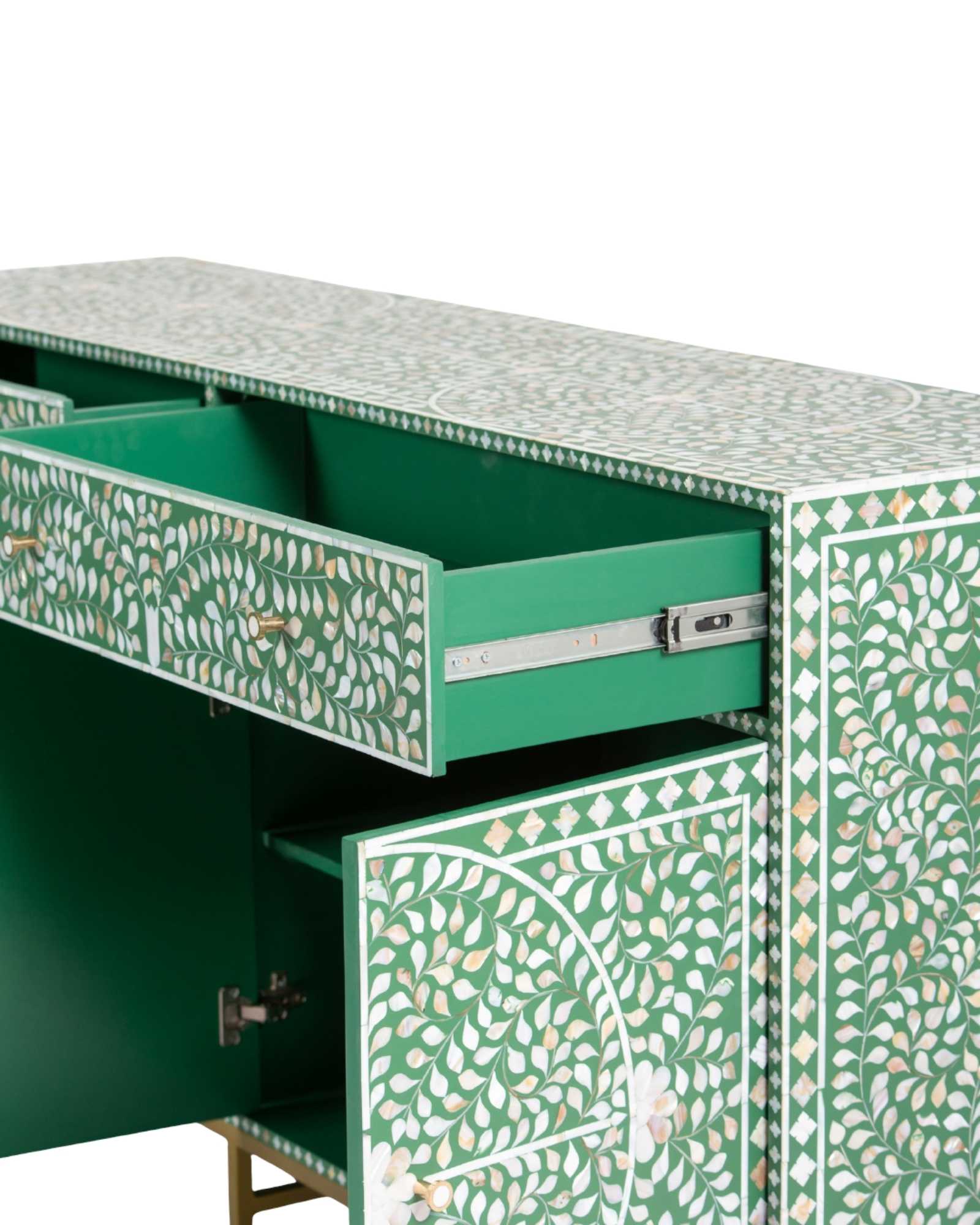 Featuring a beautiful floral sideboard in Green Mother of Pearl Inlay with intricate hand inlaid work. Part of the Iris Collection - this buffet can be used as at an entryway or as a cutlery storage unit.