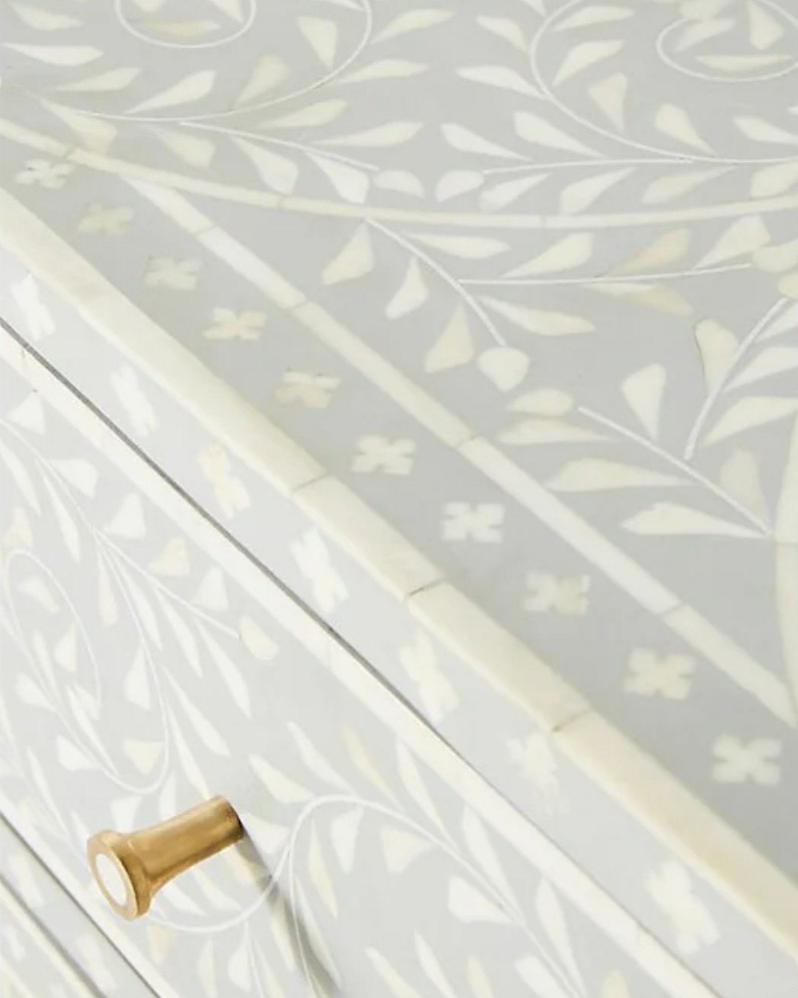 Handcrafted Pale Grey Bone Inlay Sideboard with intricate Bone Inlay, featuring floral pattern and sleek metal legs. A luxurious storage solution for any space.