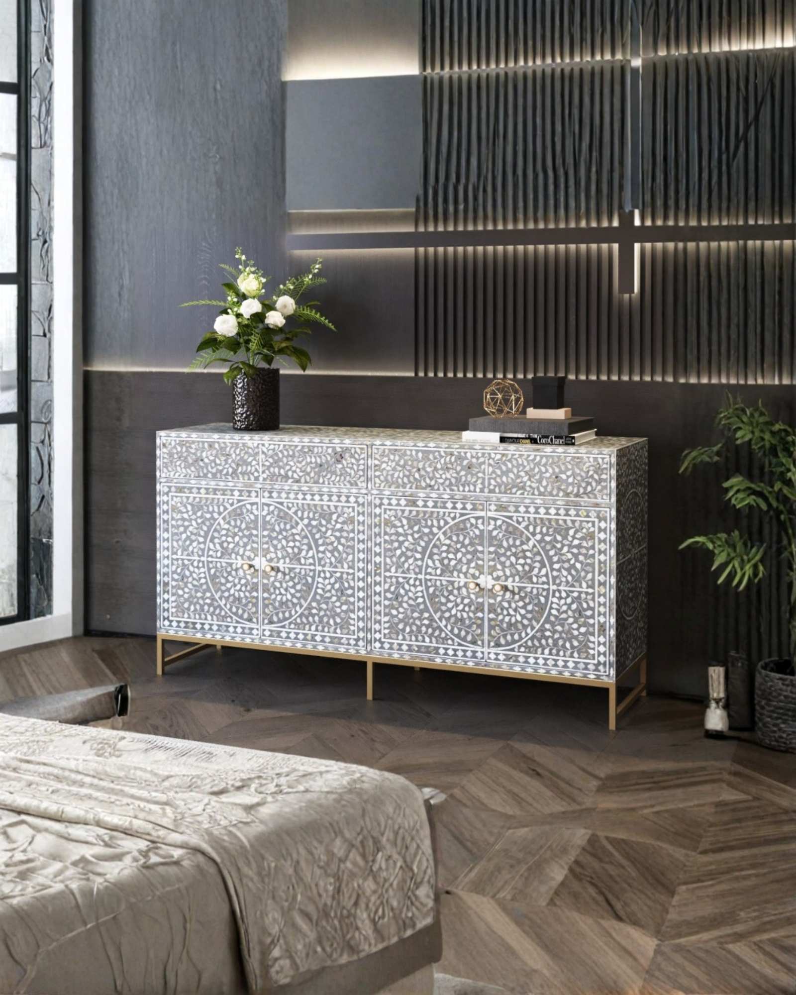 Handcrafted Grey Sideboard Cabinet with intricate Mother of Pearl inlay, featuring a floral pattern and sleek Metal legs. A luxurious storage solution for any space.