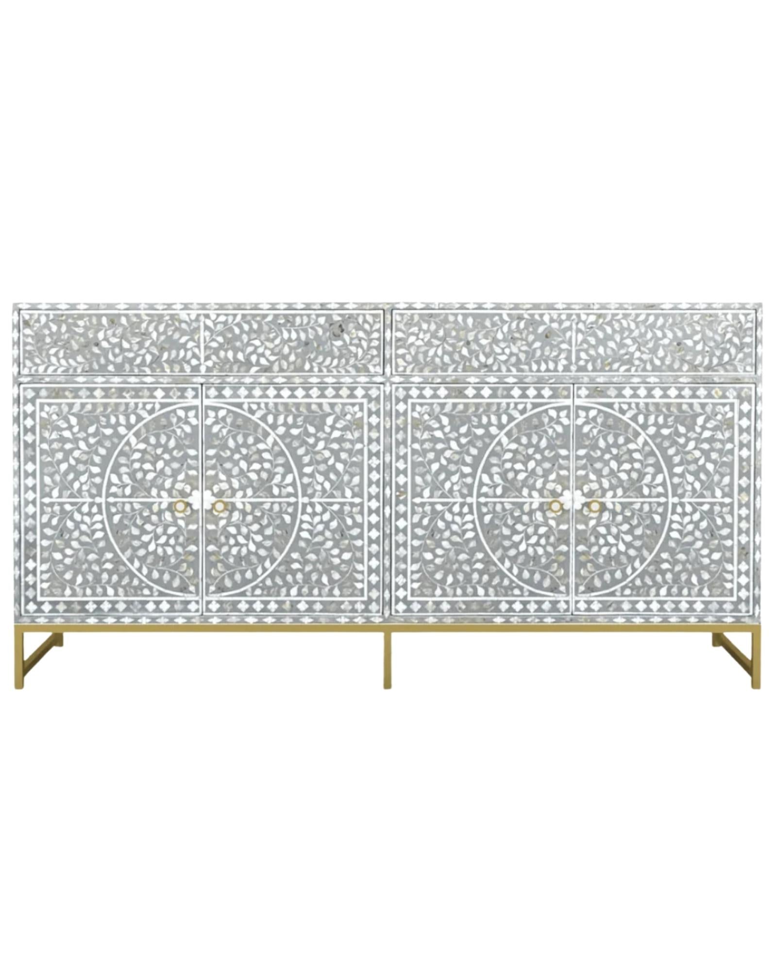 Handcrafted Grey Sideboard Cabinet with intricate Mother of Pearl inlay, featuring a floral pattern and sleek Metal legs. A luxurious storage solution for any space.