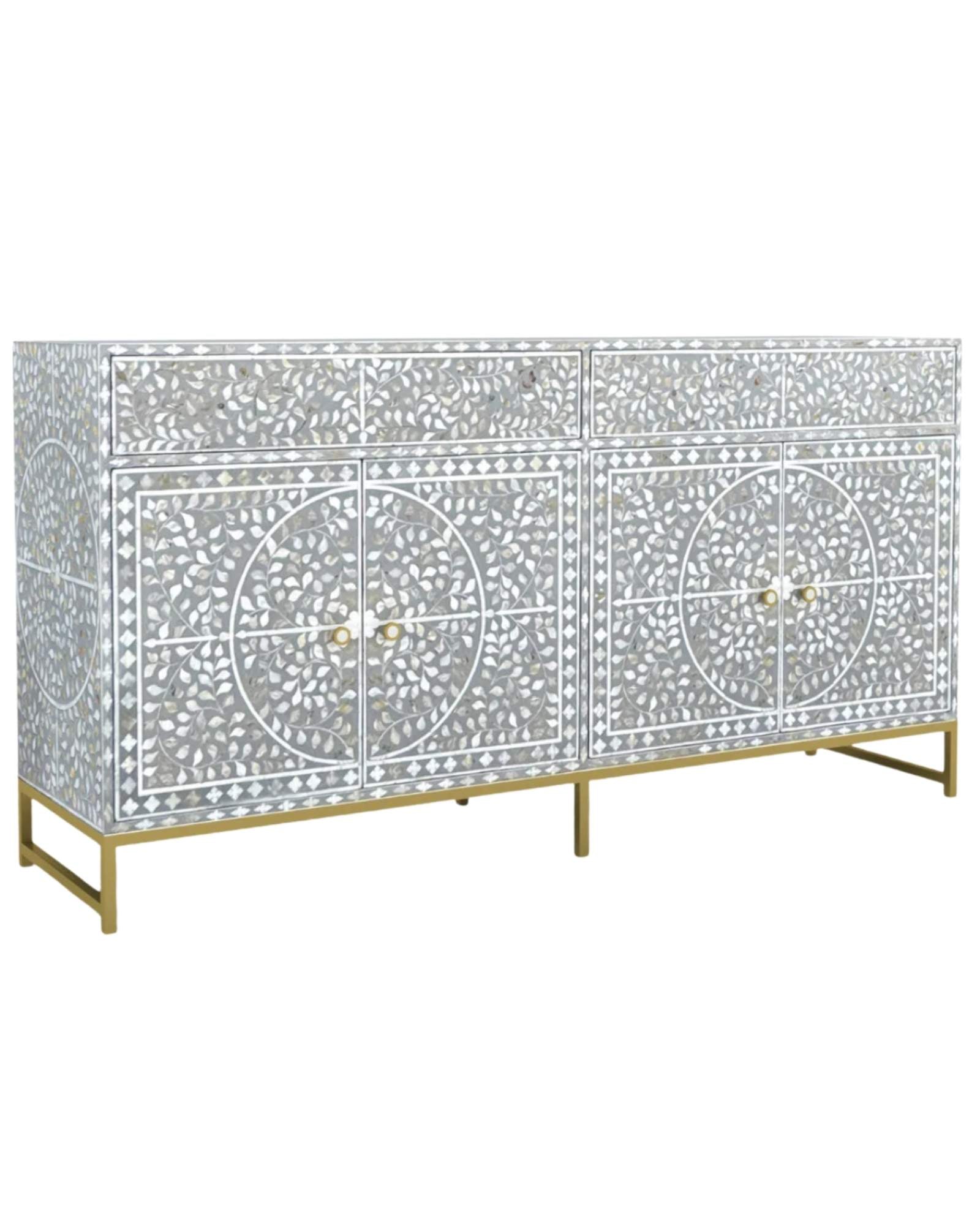 Handcrafted Grey Sideboard Cabinet with intricate Mother of Pearl inlay, featuring a floral pattern and sleek Metal legs. A luxurious storage solution for any space.