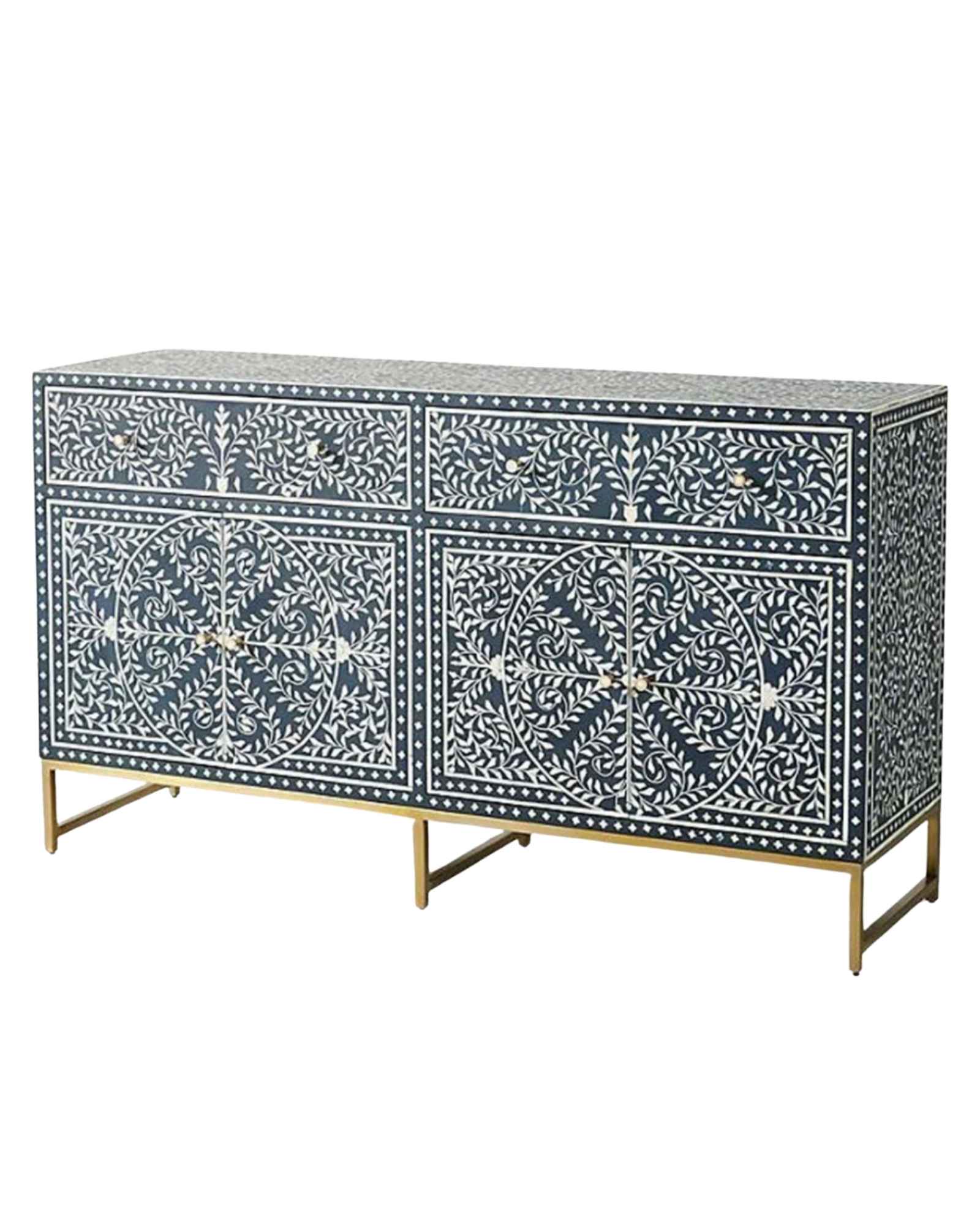 Handcrafted Navy Blue Bone Inlay Sideboard with intricate Bone Inlay, featuring floral pattern and sleek metal legs. A luxurious storage solution for any space.