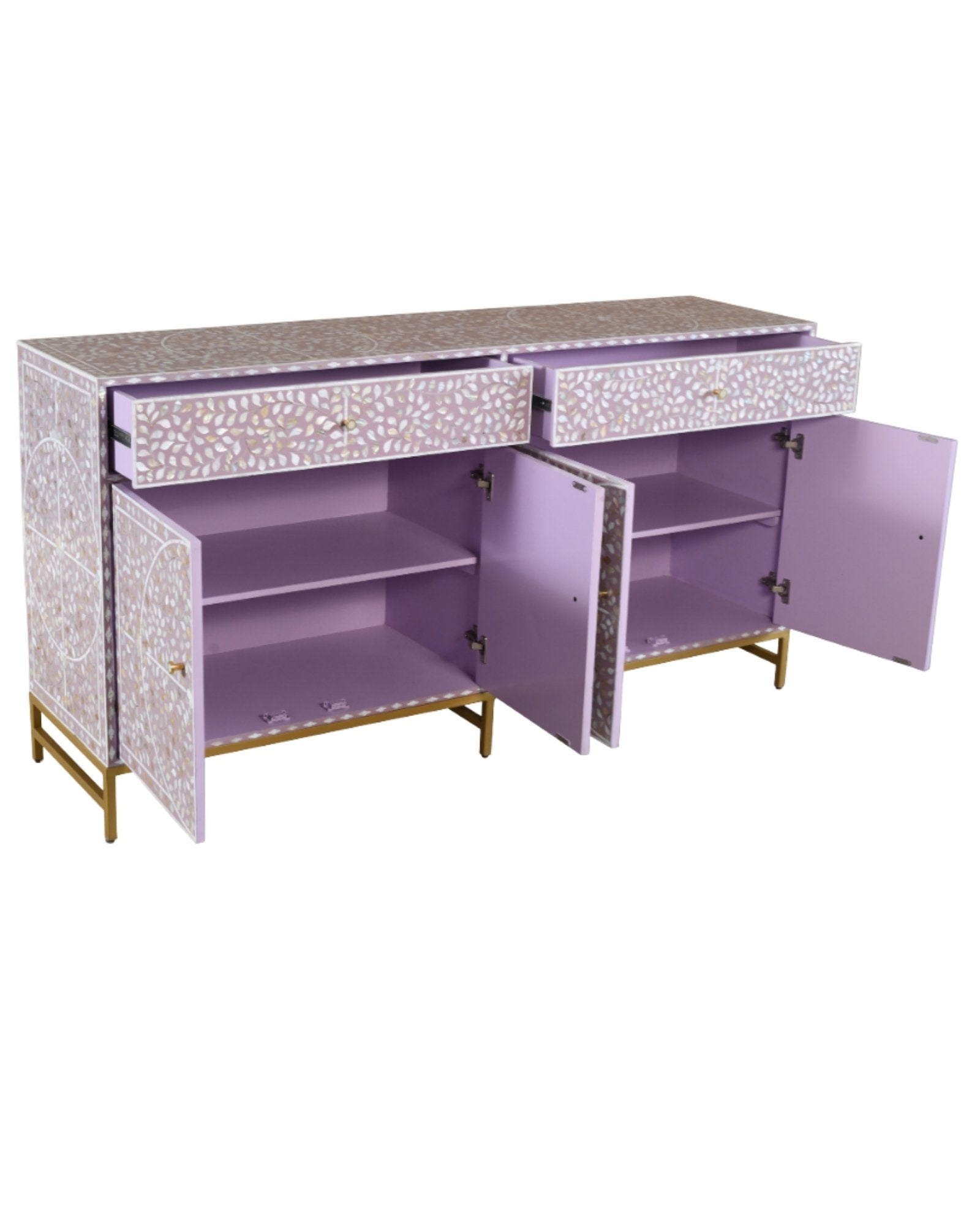 Handcrafted purple mother of pearl inlay sideboard with gold base