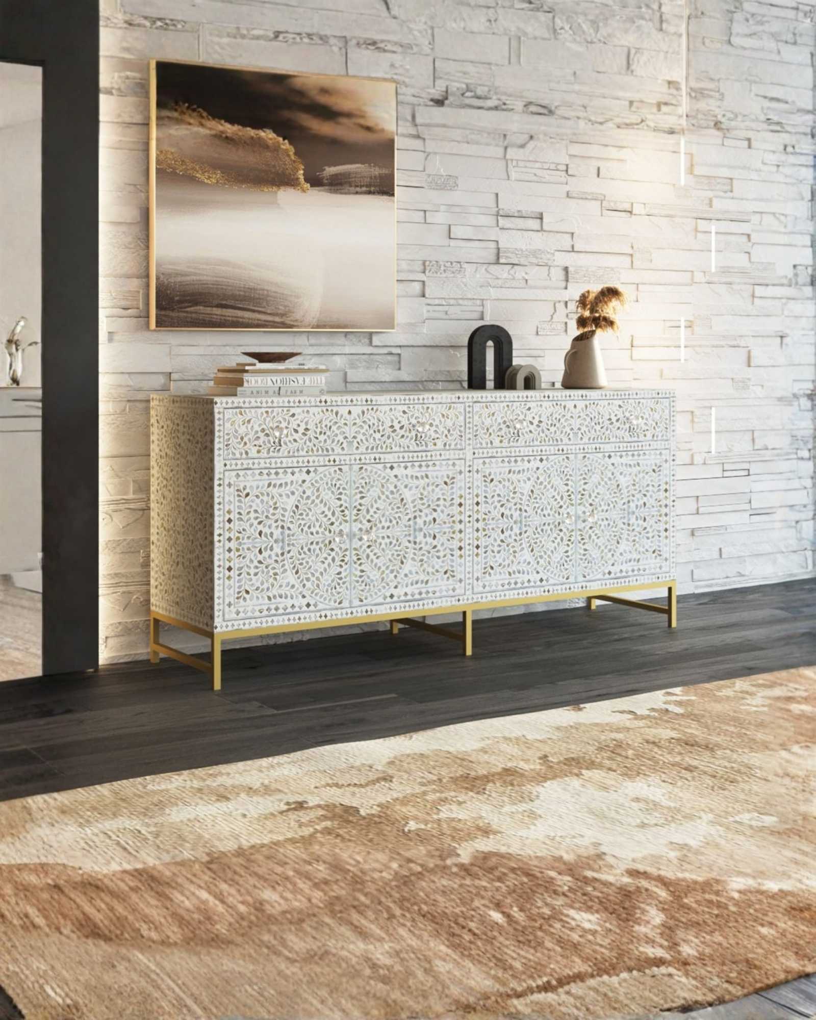 Handcrafted White Sideboard Cabinet with intricate Mother of Pearl inlay, featuring a floral pattern and sleek Metal legs. A luxurious storage solution for any space.