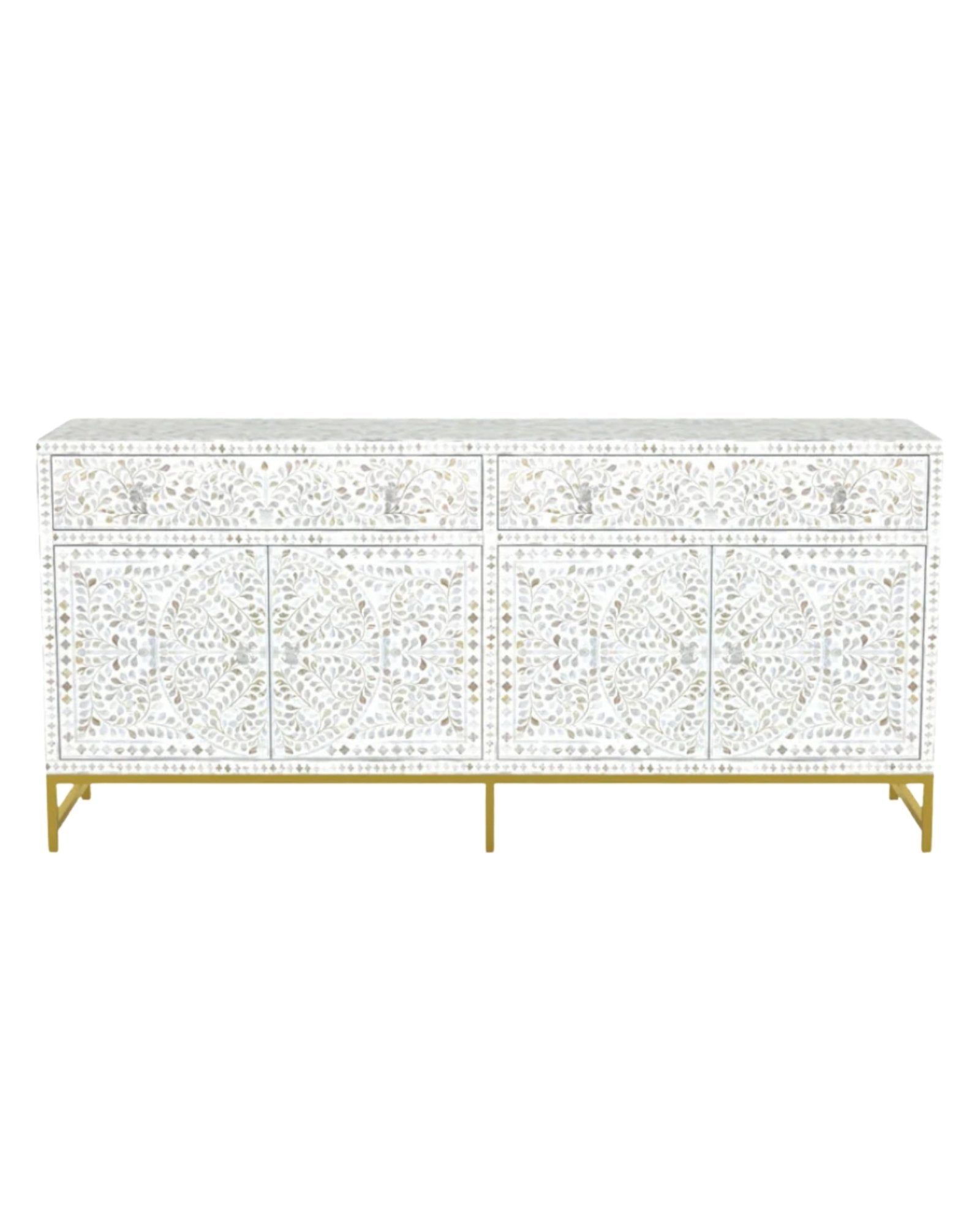 Handcrafted White Sideboard Cabinet with intricate Mother of Pearl inlay, featuring a floral pattern and sleek Metal legs. A luxurious storage solution for any space.