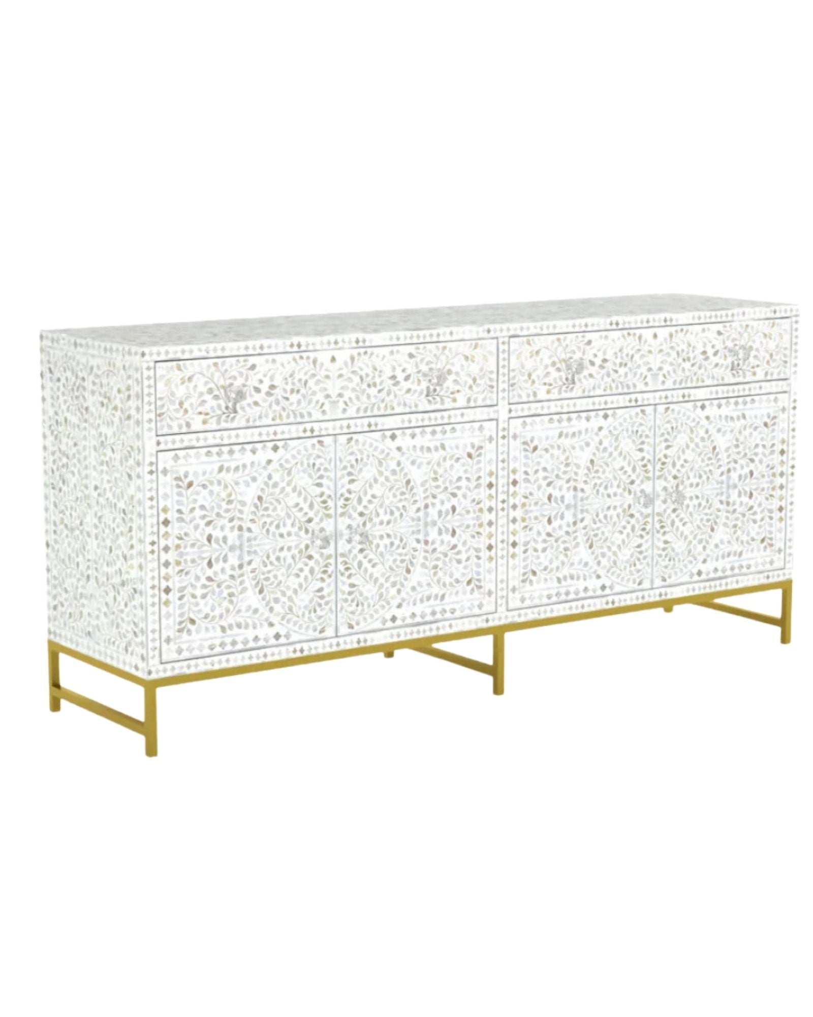Handcrafted White Sideboard Cabinet with intricate Mother of Pearl inlay, featuring a floral pattern and sleek Metal legs. A luxurious storage solution for any space.