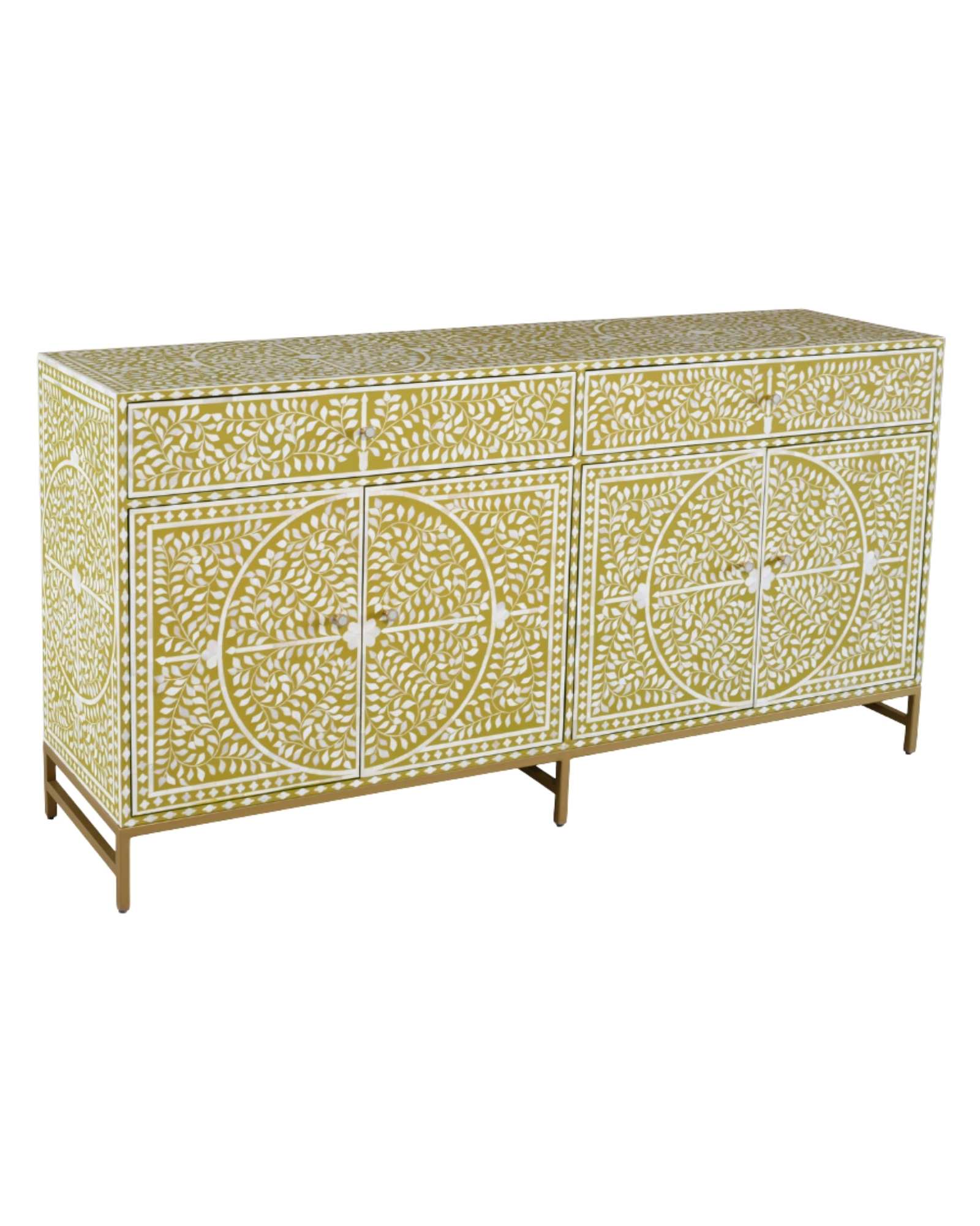 Yellow bone inlay sideboard buffet with floral pattern four doors