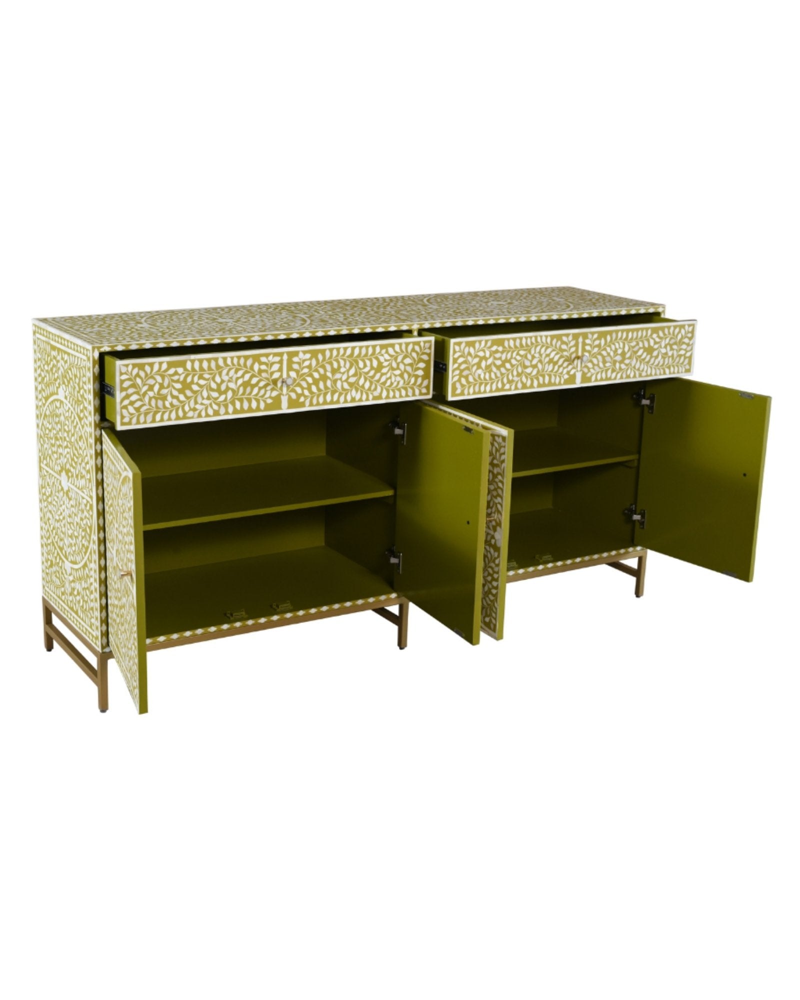 Yellow bone inlay sideboard buffet with floral pattern four doors