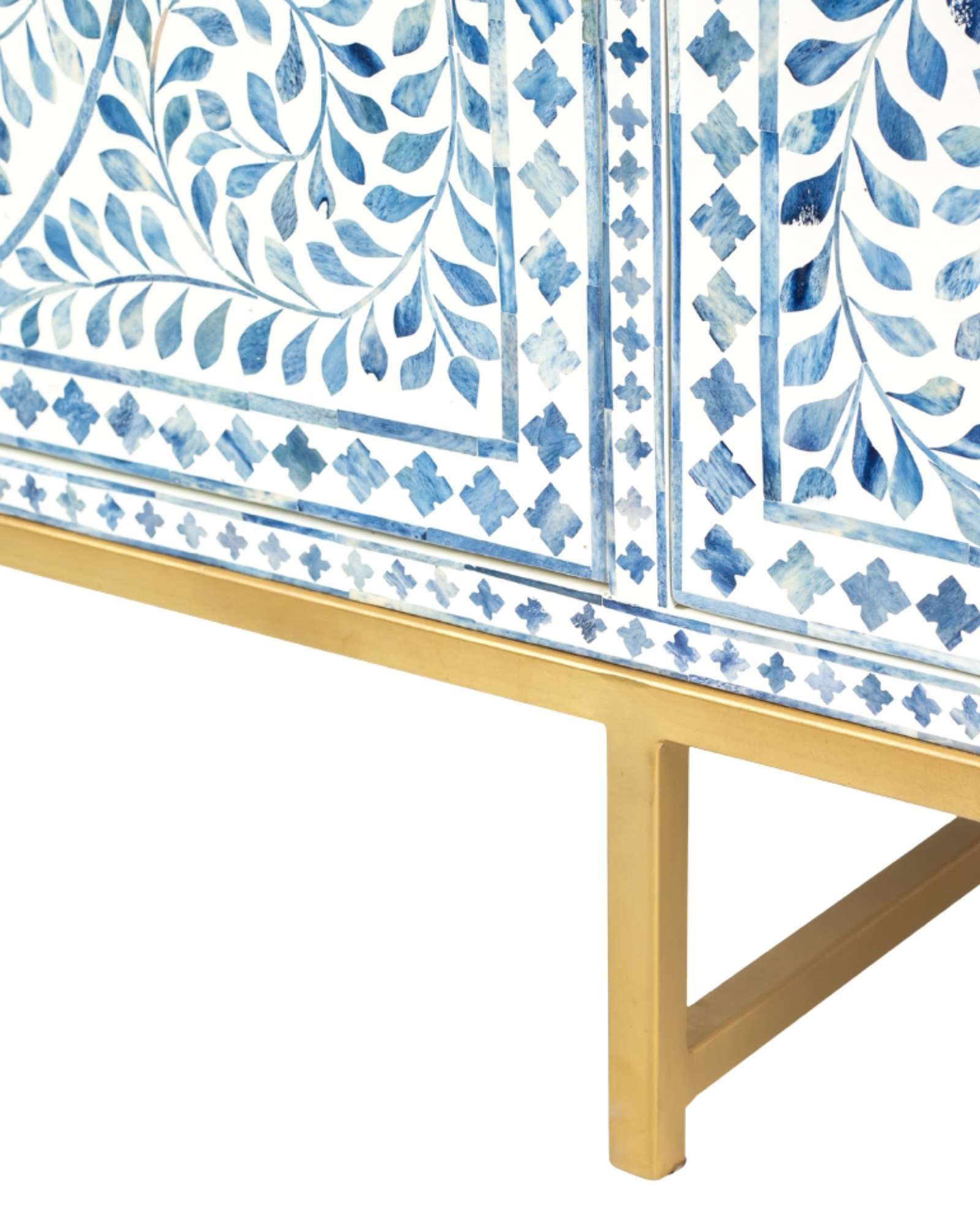 Featuring a beautiful floral sideboard in Dyed Blue Bone Inlay with intricate hand inlaid work. Part of the Jade Collection - this buffet can be used as at an entryway or as a cutlery storage unit.