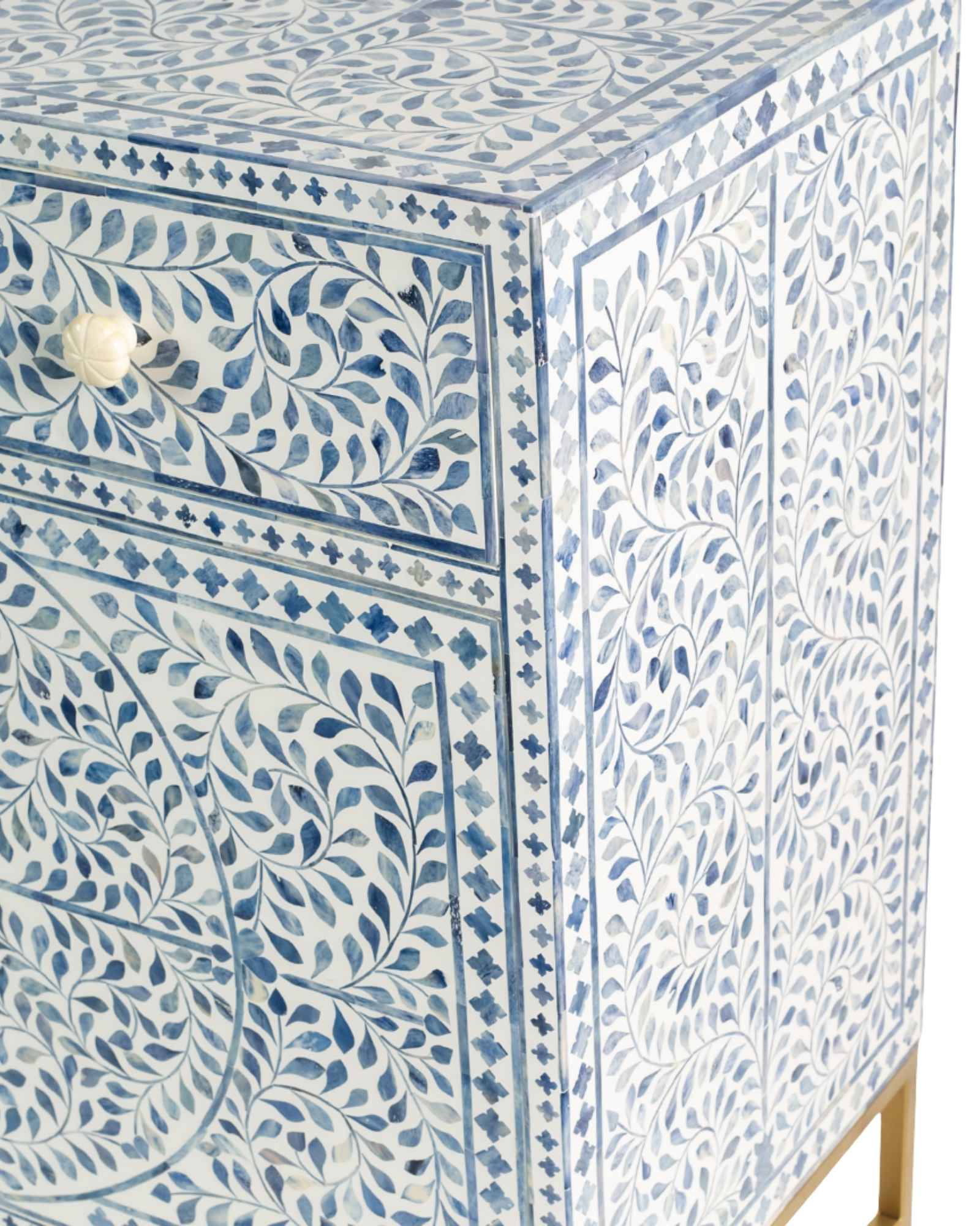 Featuring a beautiful floral sideboard in Dyed Blue Bone Inlay with intricate hand inlaid work. Part of the Jade Collection - this buffet can be used as at an entryway or as a cutlery storage unit.