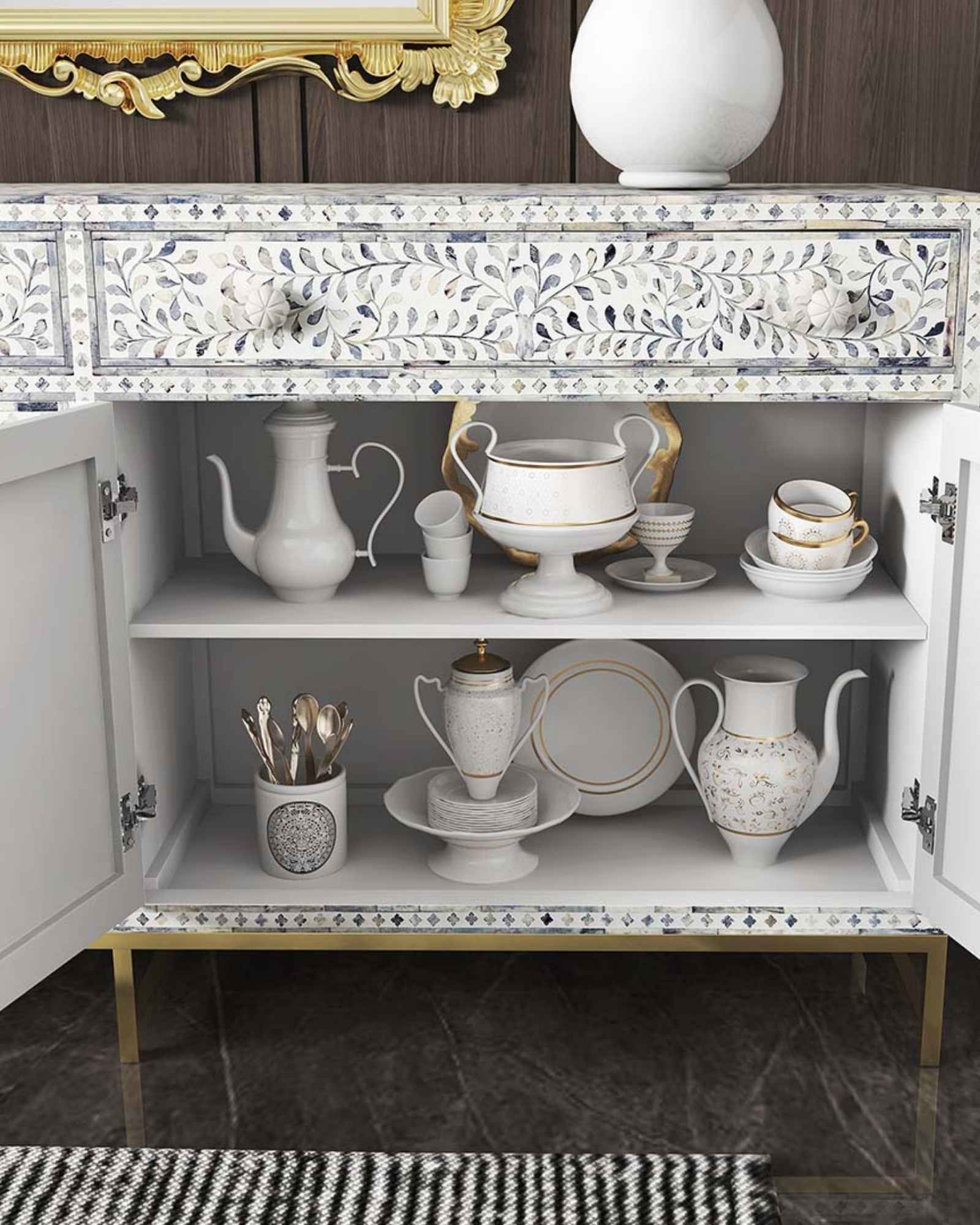 Featuring a beautiful floral sideboard in Dyed Blue Bone Inlay with intricate hand inlaid work. Part of the Jade Collection - this buffet can be used as at an entryway or as a cutlery storage unit.