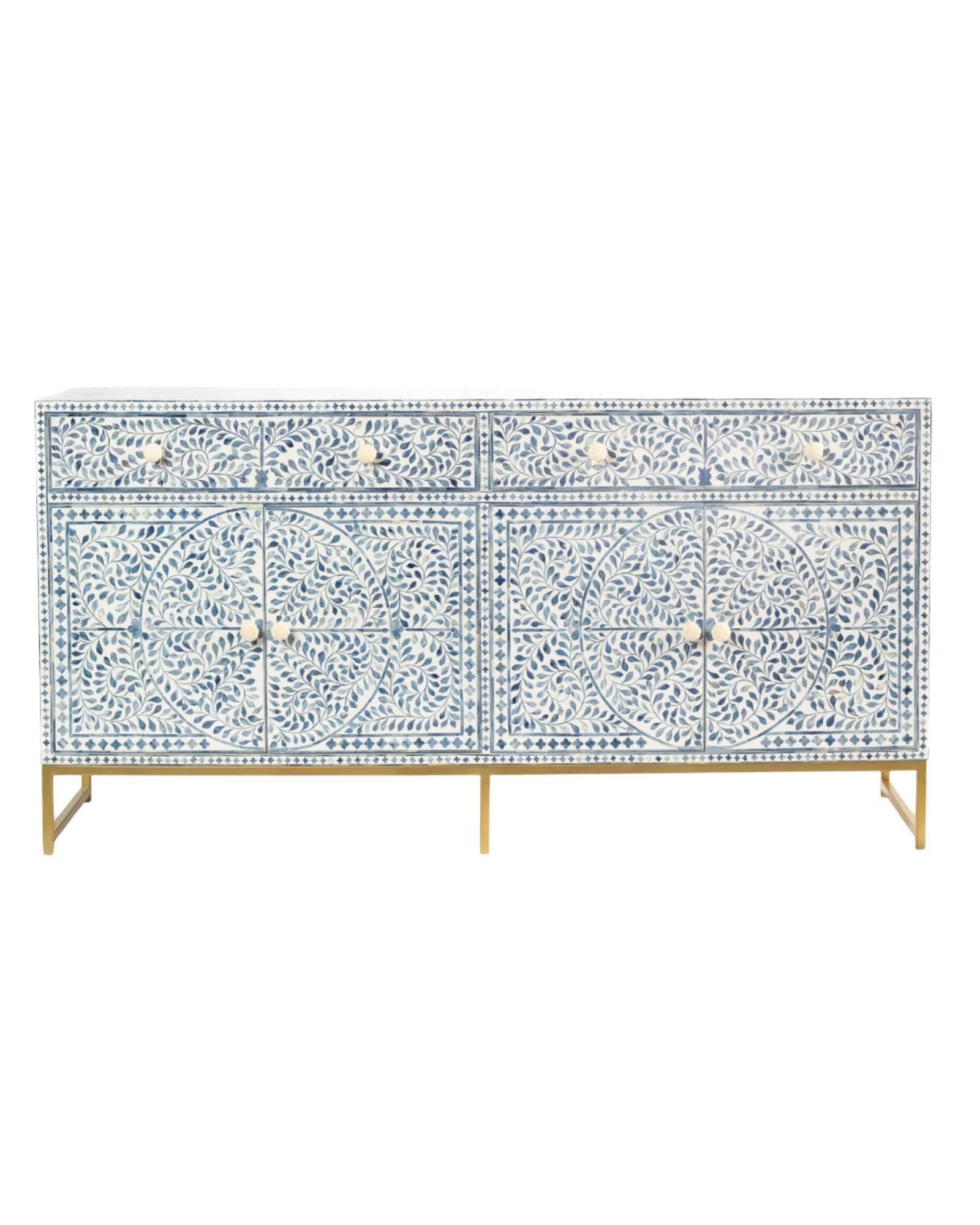 Featuring a beautiful floral sideboard in Dyed Blue Bone Inlay with intricate hand inlaid work. Part of the Jade Collection - this buffet can be used as at an entryway or as a cutlery storage unit.