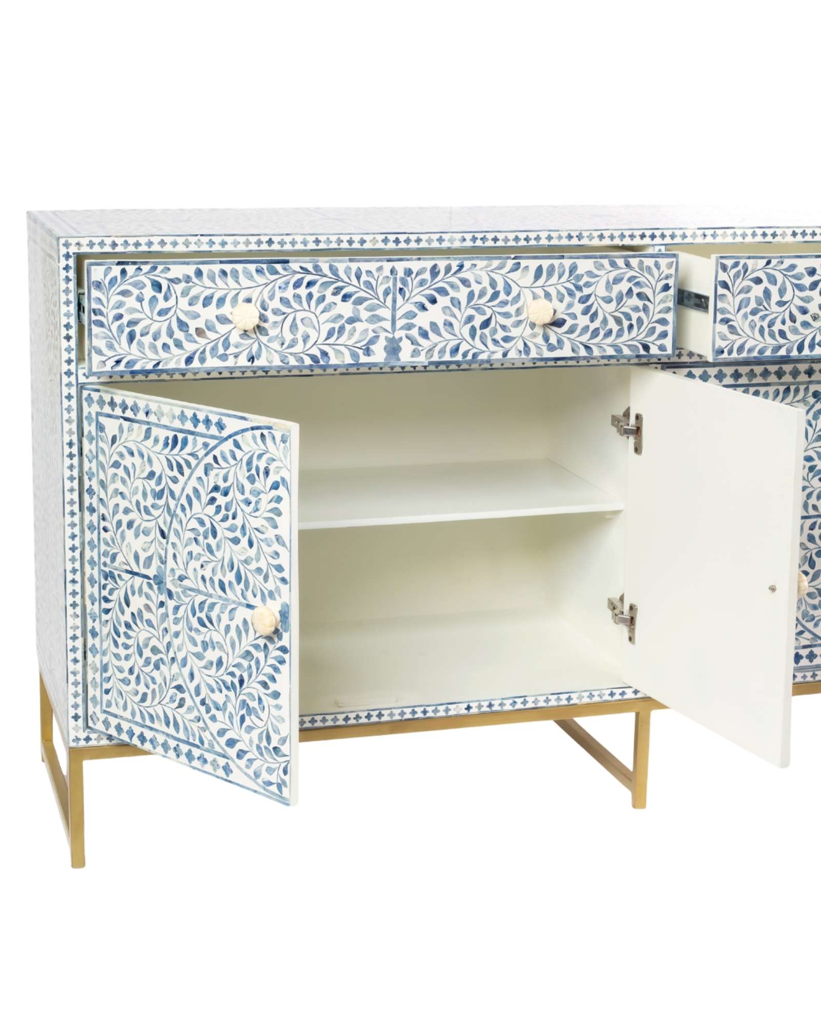 Featuring a beautiful floral sideboard in Dyed Blue Bone Inlay with intricate hand inlaid work. Part of the Jade Collection - this buffet can be used as at an entryway or as a cutlery storage unit.