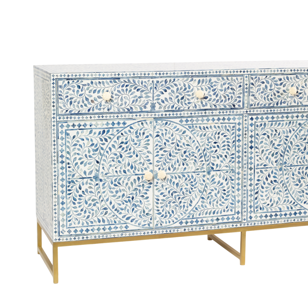 Featuring a beautiful floral sideboard in Dyed Blue Bone Inlay with intricate hand inlaid work. Part of the Jade Collection - this buffet can be used as at an entryway or as a cutlery storage unit.