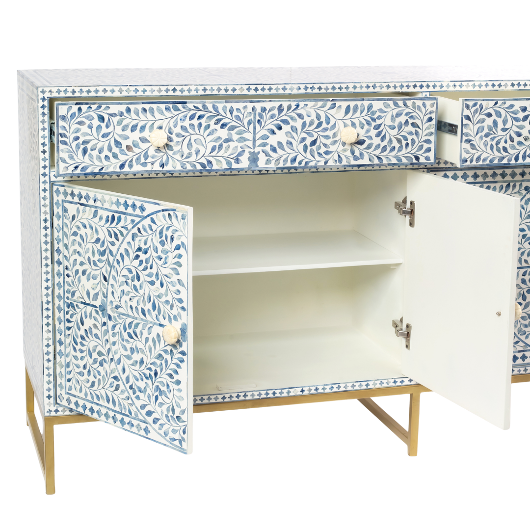Featuring a beautiful floral sideboard in Dyed Blue Bone Inlay with intricate hand inlaid work. Part of the Jade Collection - this buffet can be used as at an entryway or as a cutlery storage unit.