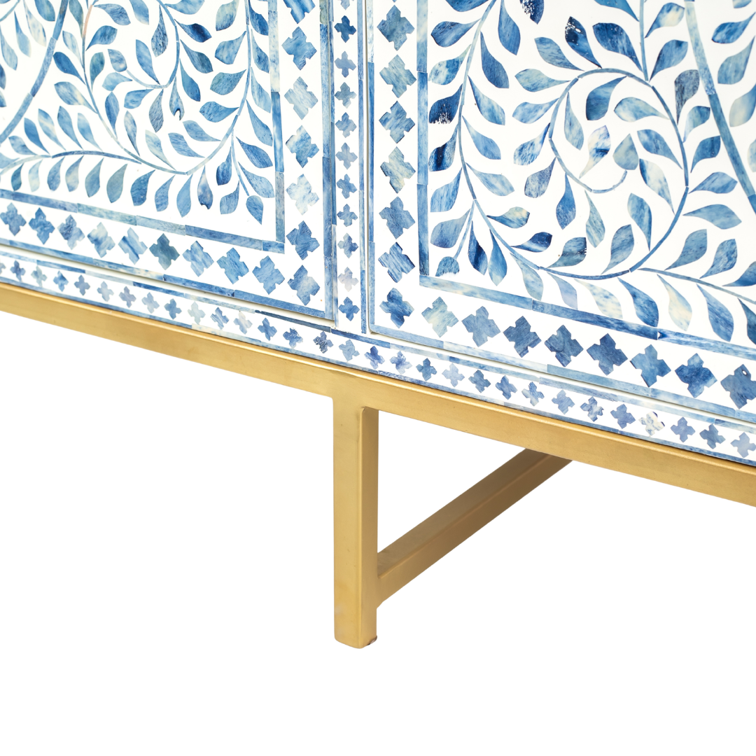 Featuring a beautiful floral sideboard in Dyed Blue Bone Inlay with intricate hand inlaid work. Part of the Jade Collection - this buffet can be used as at an entryway or as a cutlery storage unit.