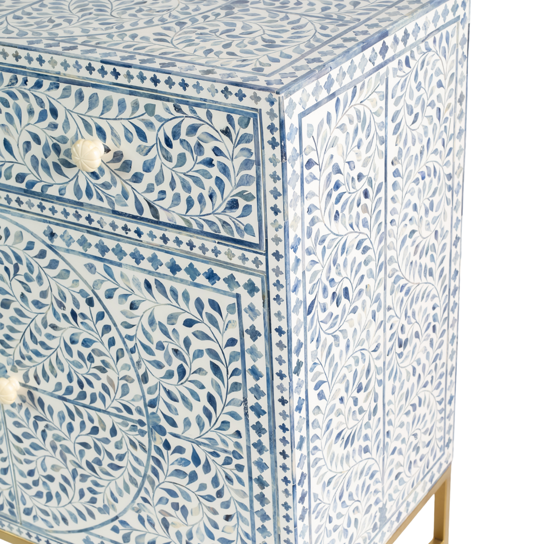 Featuring a beautiful floral sideboard in Dyed Blue Bone Inlay with intricate hand inlaid work. Part of the Jade Collection - this buffet can be used as at an entryway or as a cutlery storage unit.