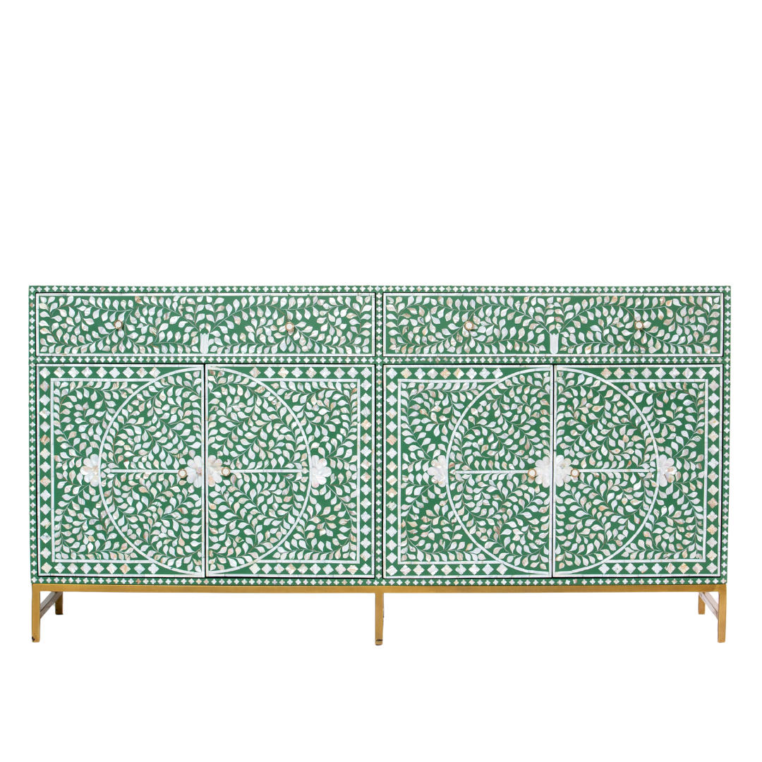 Featuring a beautiful floral sideboard in Green Mother of Pearl Inlay with intricate hand inlaid work. Part of the Iris Collection - this buffet can be used as at an entryway or as a cutlery storage unit.
