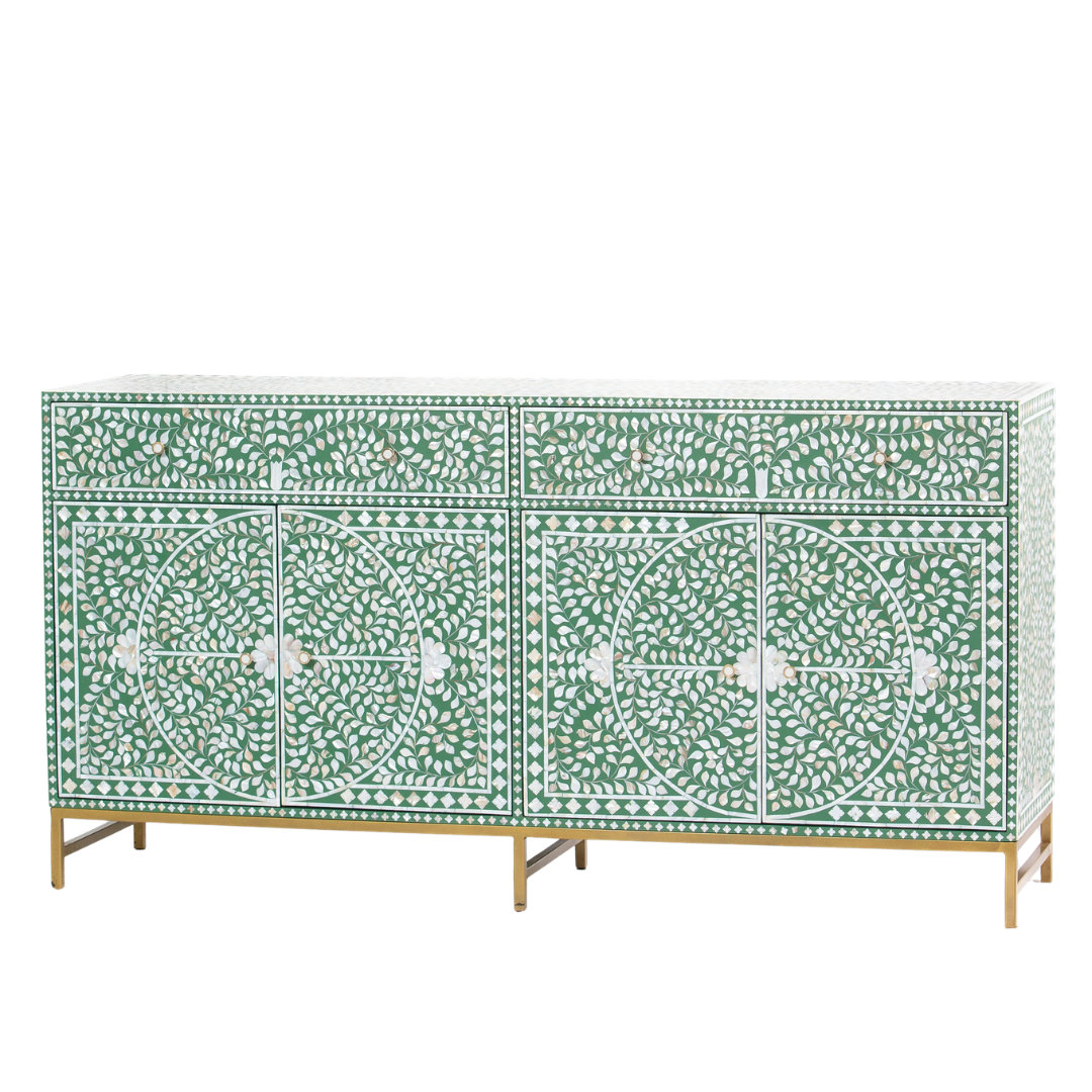 Featuring a beautiful floral sideboard in Green Mother of Pearl Inlay with intricate hand inlaid work. Part of the Iris Collection - this buffet can be used as at an entryway or as a cutlery storage unit.
