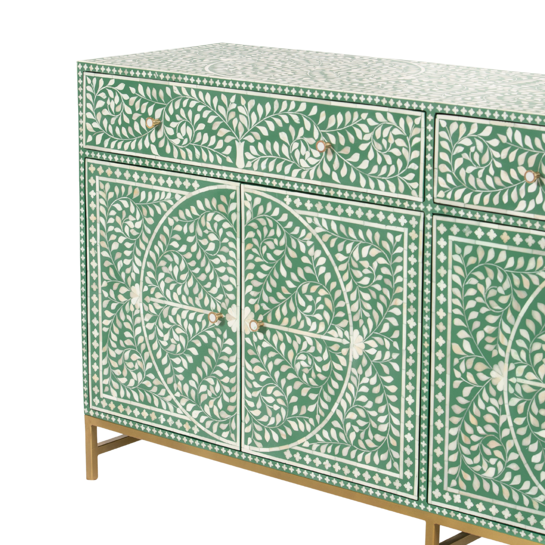 Featuring a beautiful floral sideboard in Green Bone Inlay with intricate hand inlaid work. Part of the Jade Collection - this buffet can be used as at an entryway or as a cutlery storage unit.