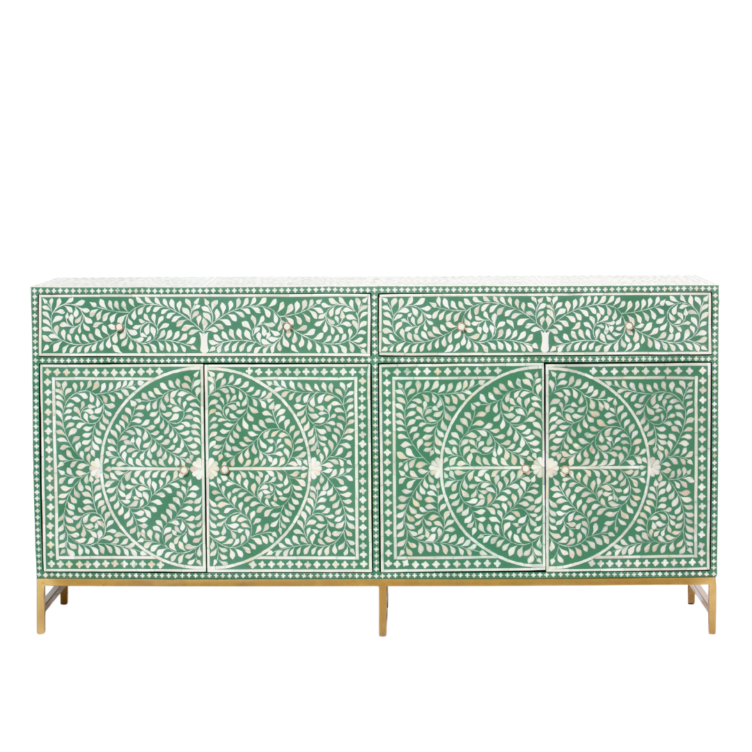 Featuring a beautiful floral sideboard in Green Bone Inlay with intricate hand inlaid work. Part of the Jade Collection - this buffet can be used as at an entryway or as a cutlery storage unit.