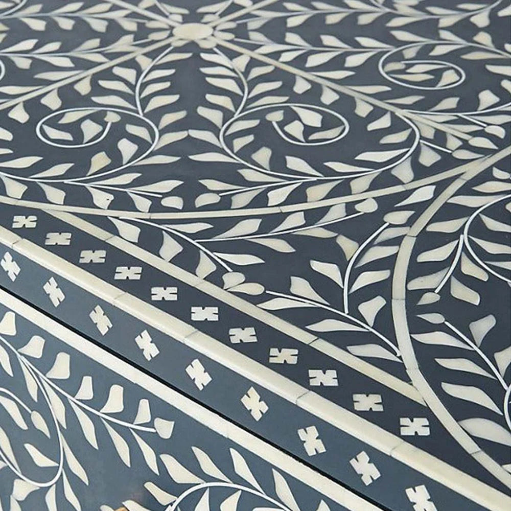 Handcrafted Navy Blue Bone Inlay Sideboard with intricate Bone Inlay, featuring floral pattern and sleek metal legs. A luxurious storage solution for any space.