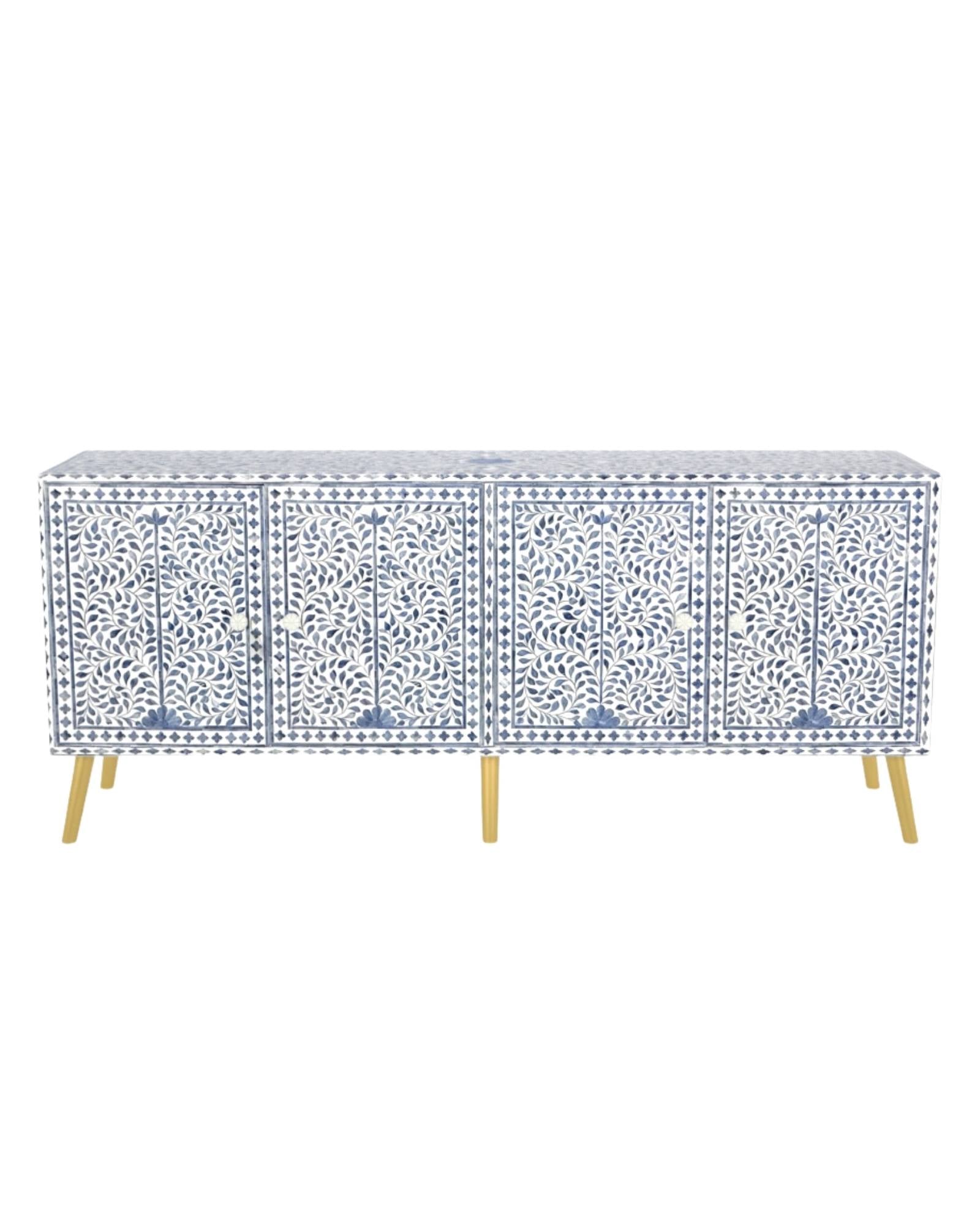 Jade TV Unit Cabinet - Blue & White Bone Inlay - Tabeer Homes