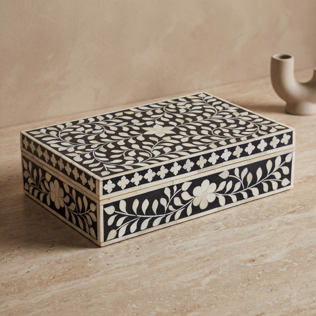 Black bone inlay decorative box with floral pattern, handcrafted storage box with intricate detailing