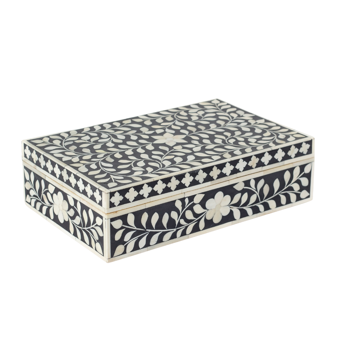 Black bone inlay decorative box with floral pattern, handcrafted storage box with intricate detailing