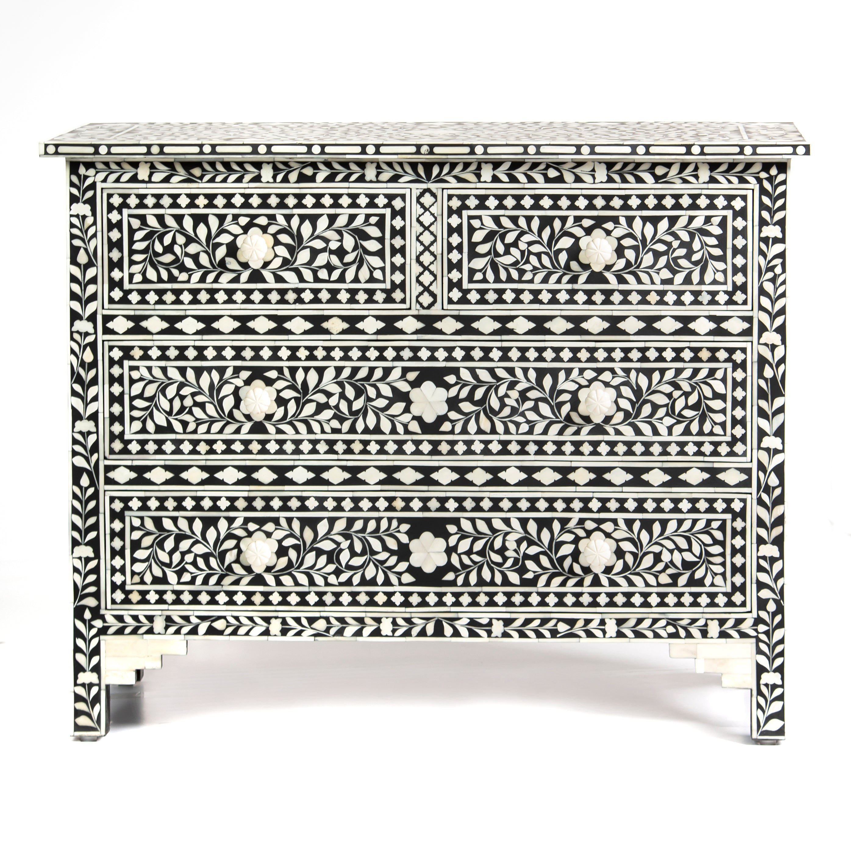 Bone inlay chest of drawers featuring intricate floral pattern in black and white, handcrafted furniture piece