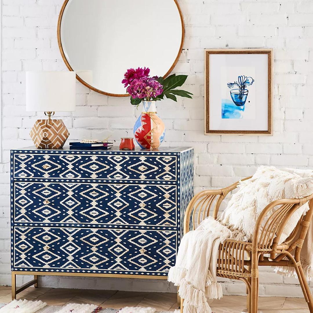 Jade Chest of Drawers - Blue and White Bone Inlay - Tabeer Homes