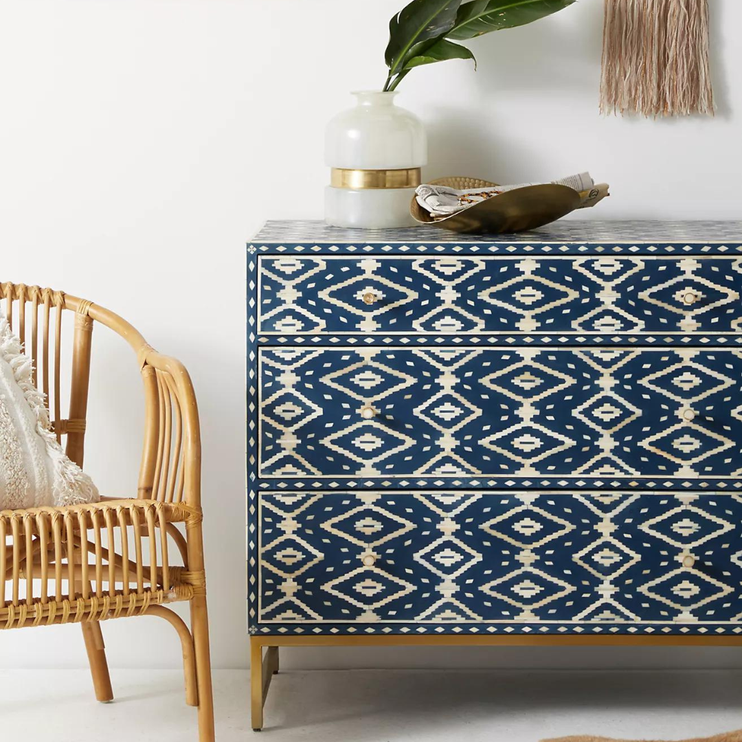 Jade Chest of Drawers - Blue and White Bone Inlay - Tabeer Homes