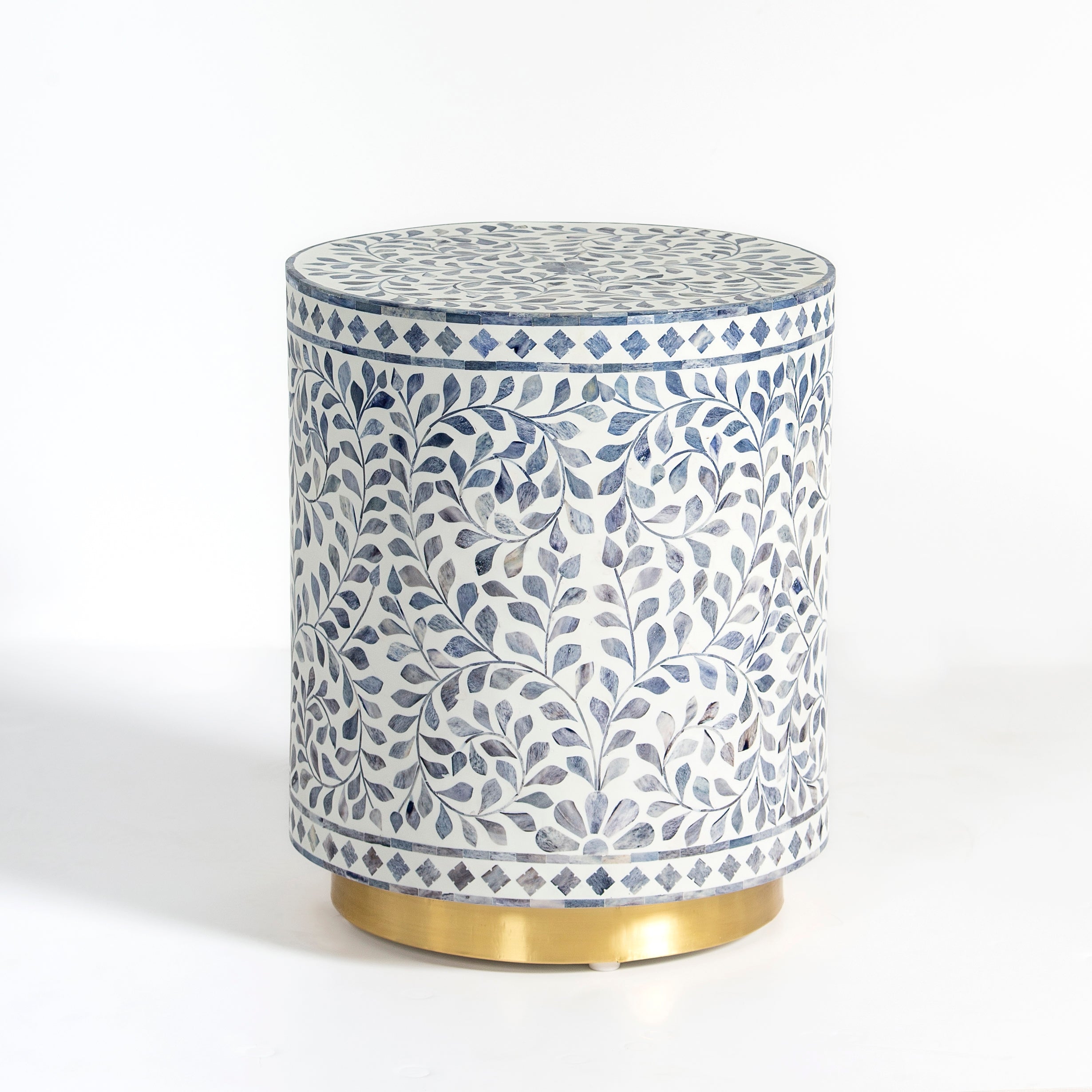 Handcrafted Jade side table featuring intricate blue bone inlay with a cylindrical silhouette and refined artisanal detailing.