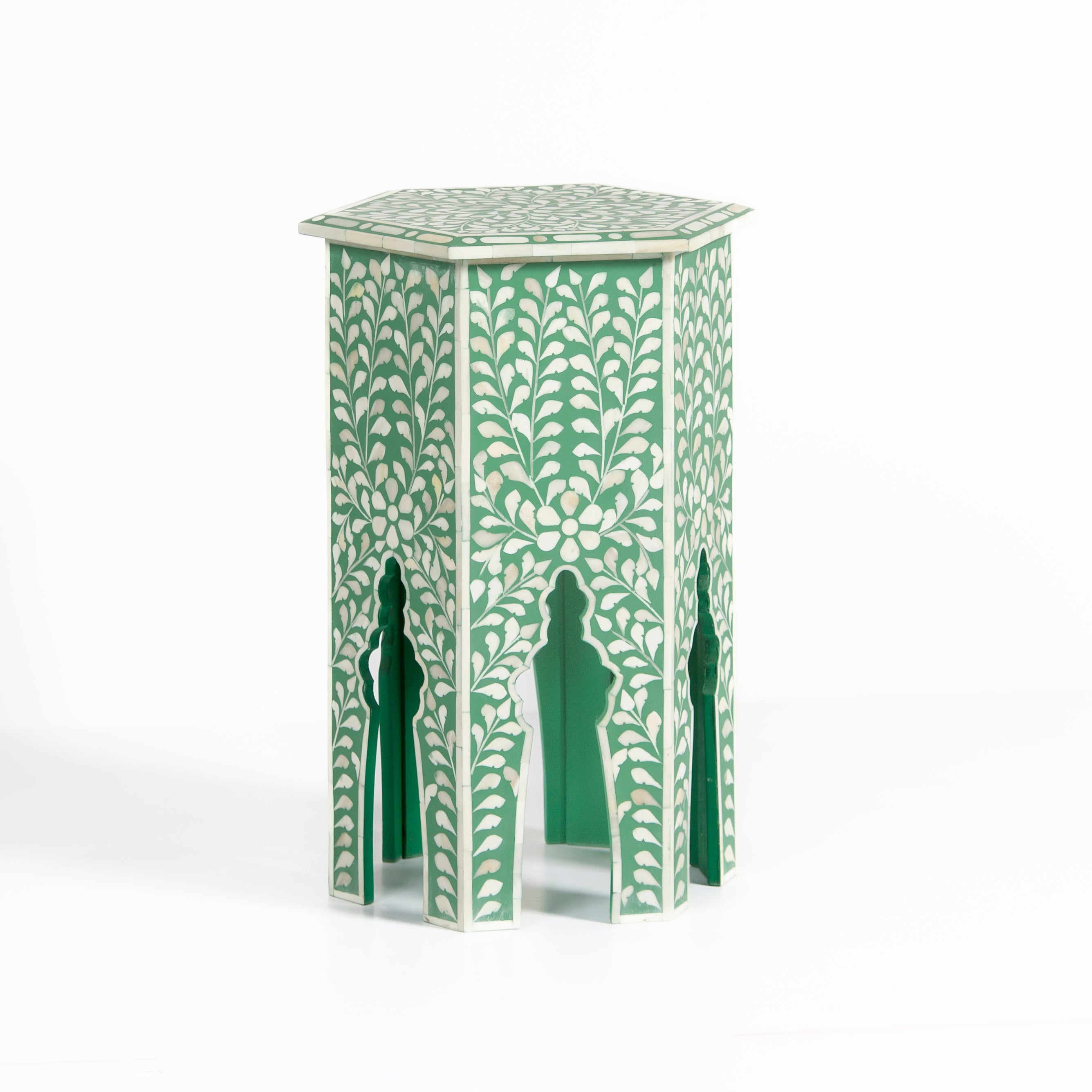 Handcrafted Jade side table featuring green bone inlay with a hexagonal silhouette, floral detailing, and arched legs.