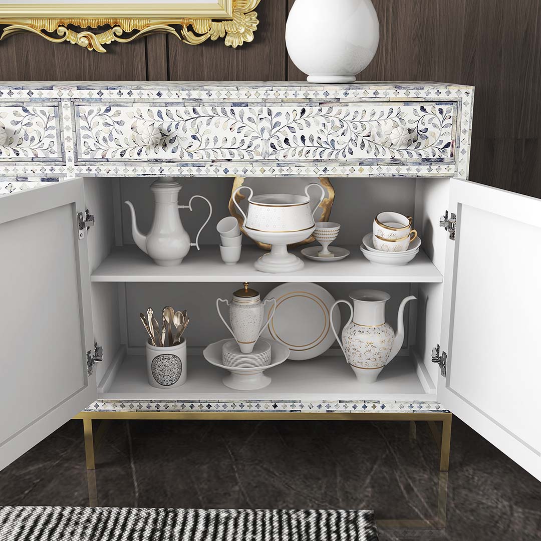 Featuring a beautiful floral sideboard in Dyed Blue Bone Inlay with intricate hand inlaid work. Part of the Jade Collection - this buffet can be used as at an entryway or as a cutlery storage unit.