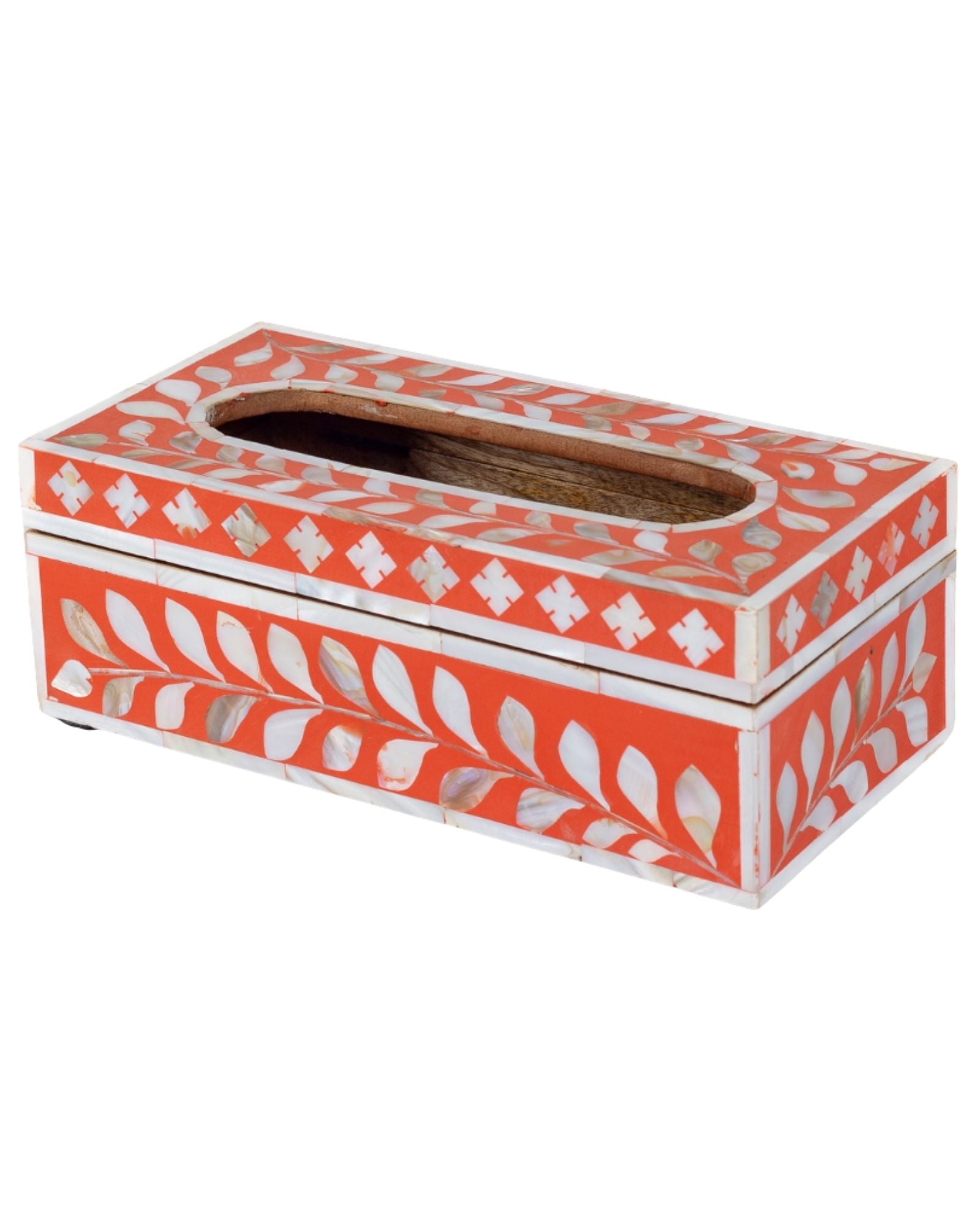 Orange mother of pearl inlay tissue box with floral pattern, handcrafted decorative tissue holder in wood.