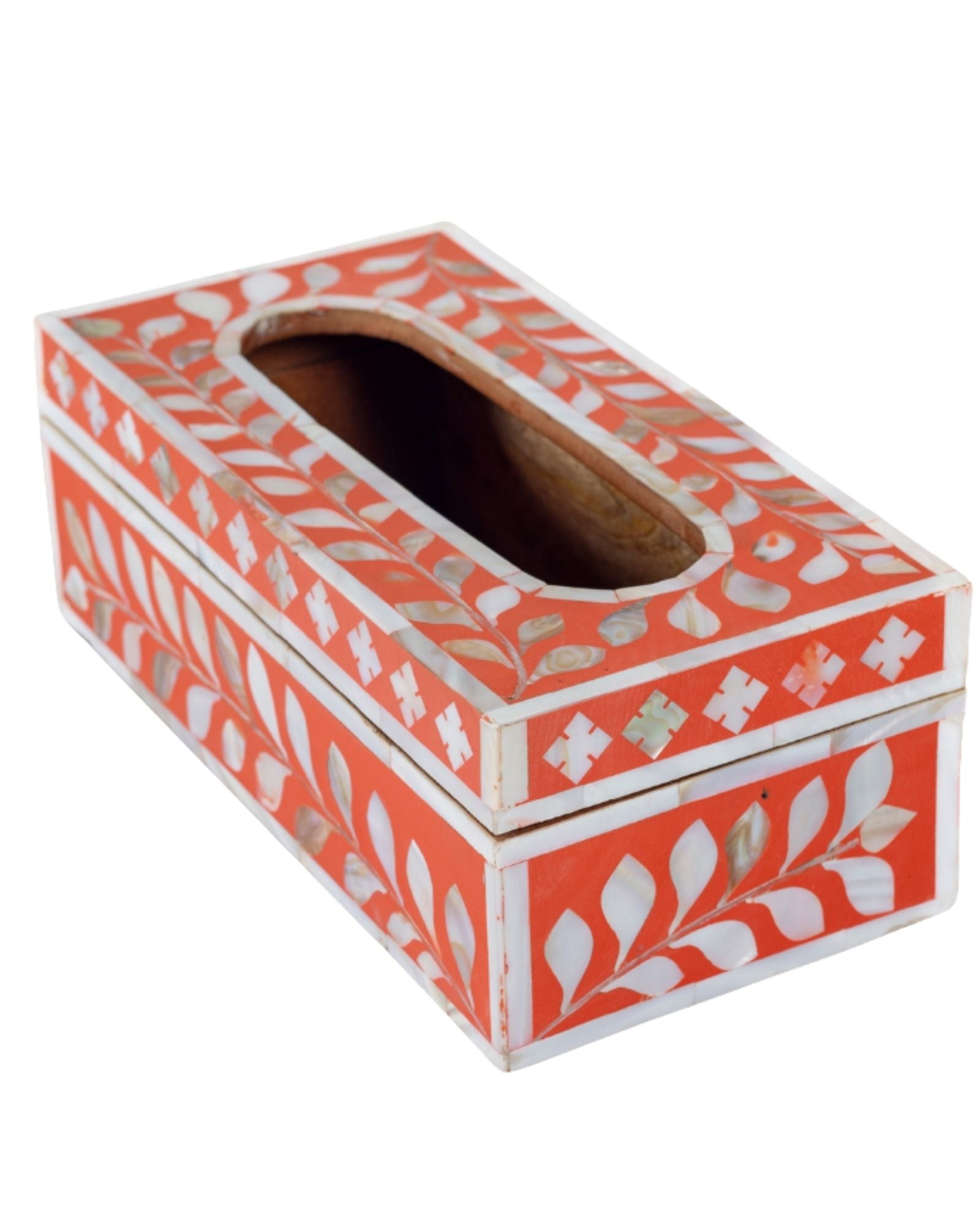 Orange mother of pearl inlay tissue box with floral pattern, handcrafted decorative tissue holder in wood.