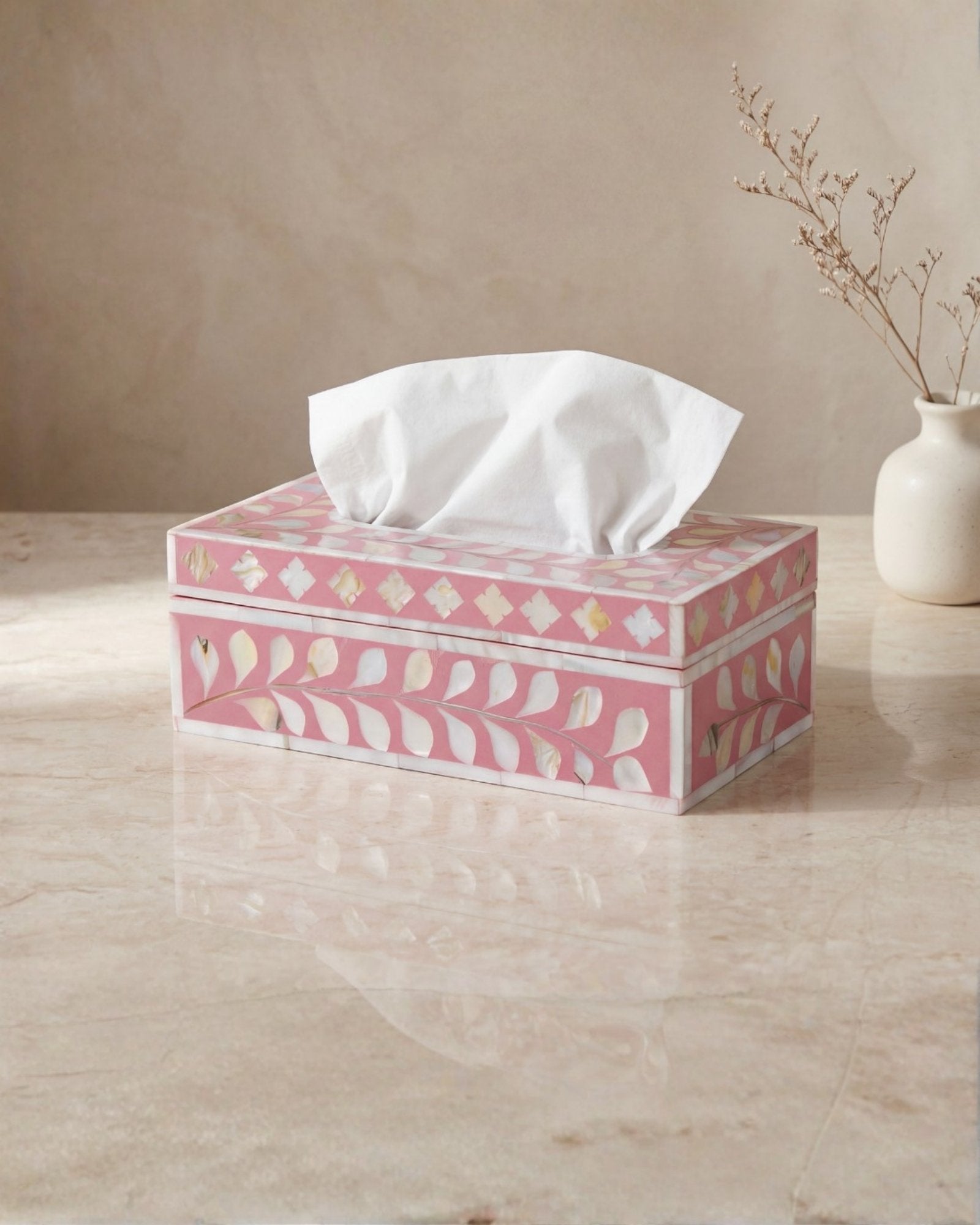 Pink mother of pearl inlay tissue box with floral pattern, handcrafted decorative tissue holder in wood.