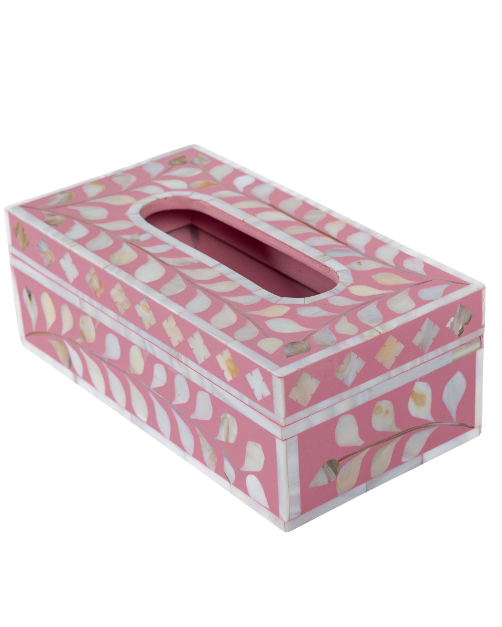 Pink mother of pearl inlay tissue box with floral pattern, handcrafted decorative tissue holder in wood.