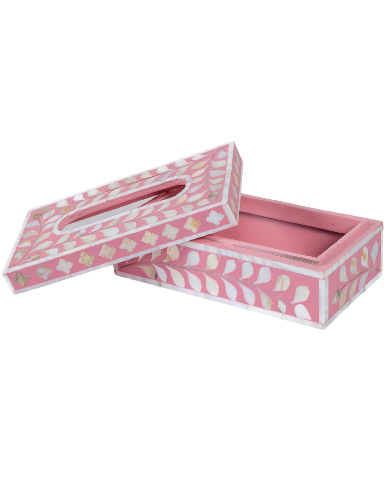 Pink mother of pearl inlay tissue box with floral pattern, handcrafted decorative tissue holder in wood.